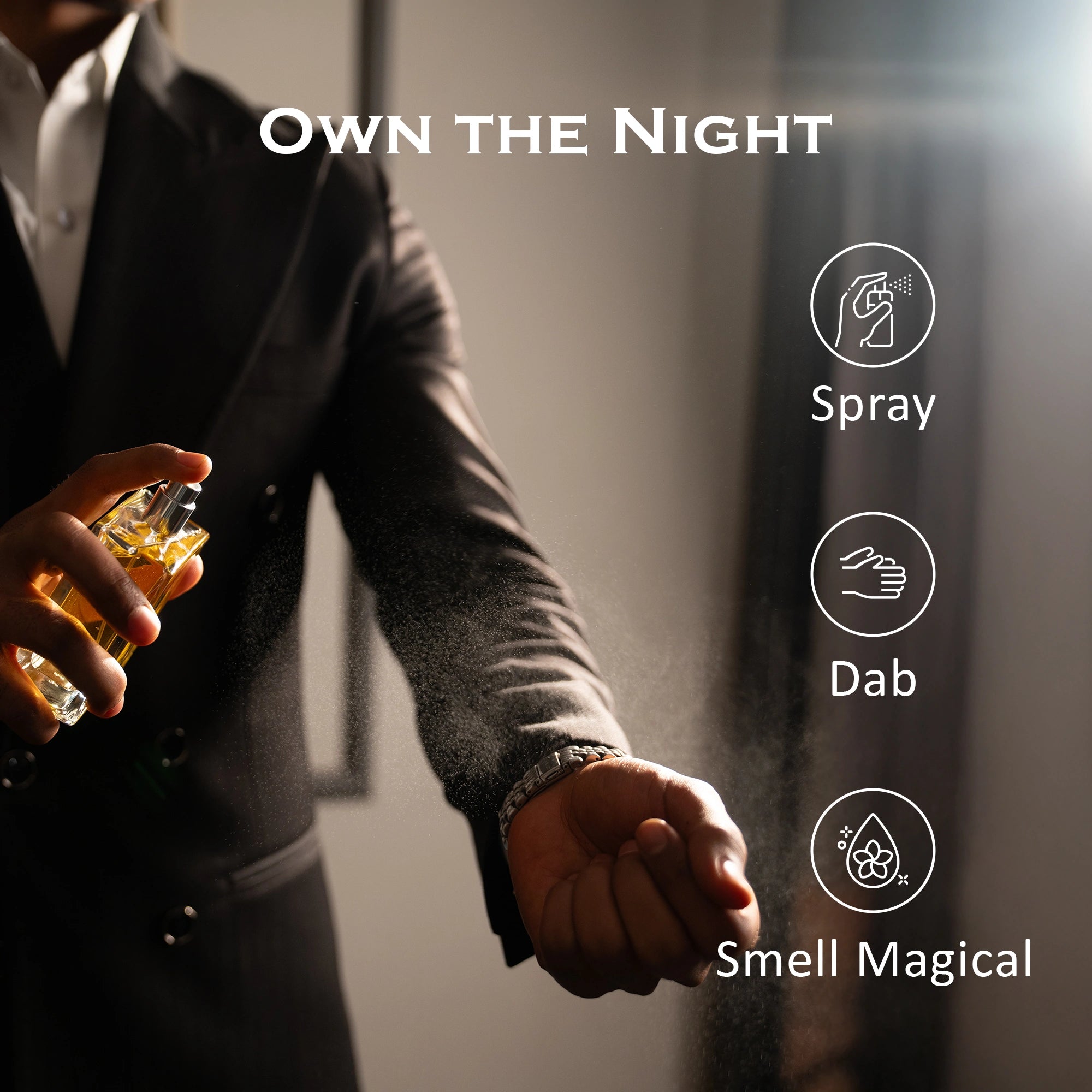 Person spraying perfume with text &