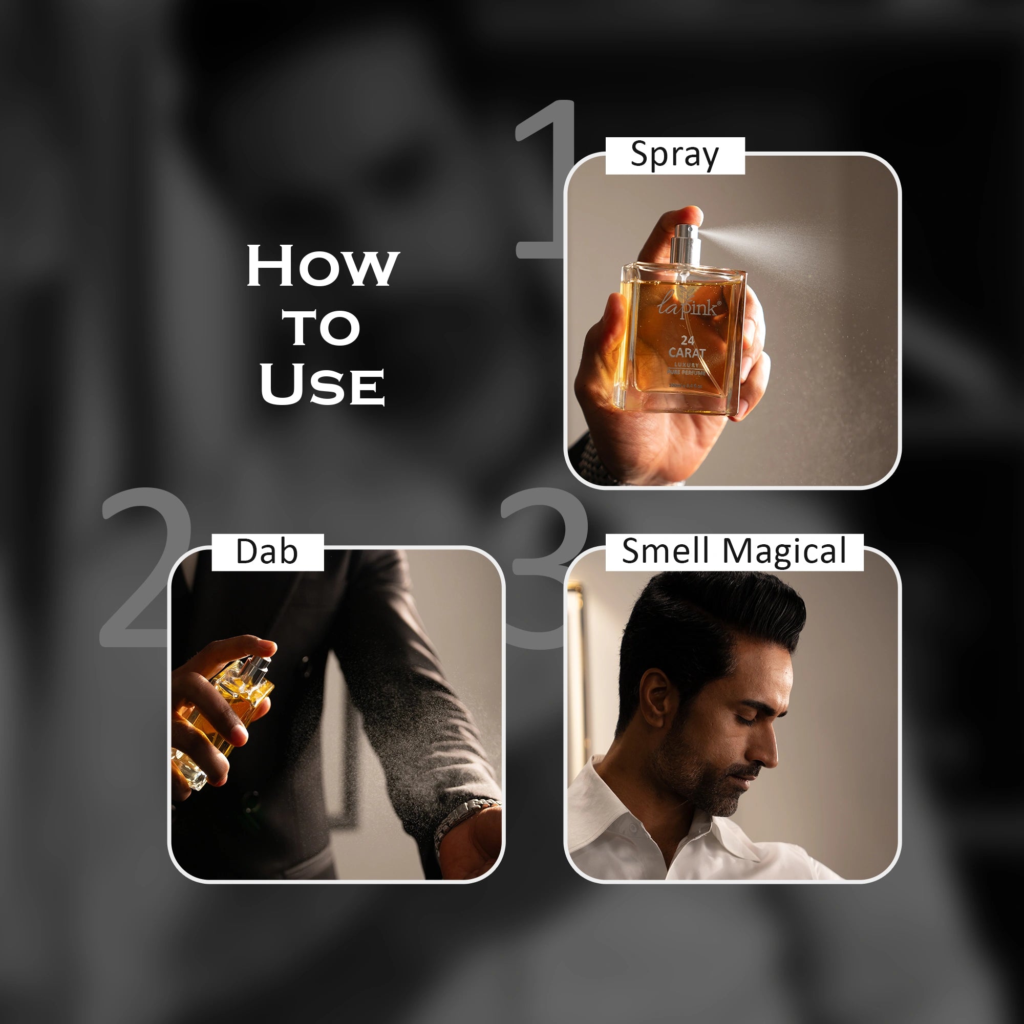 Instructions on how to use a perfume bottle with text labels.