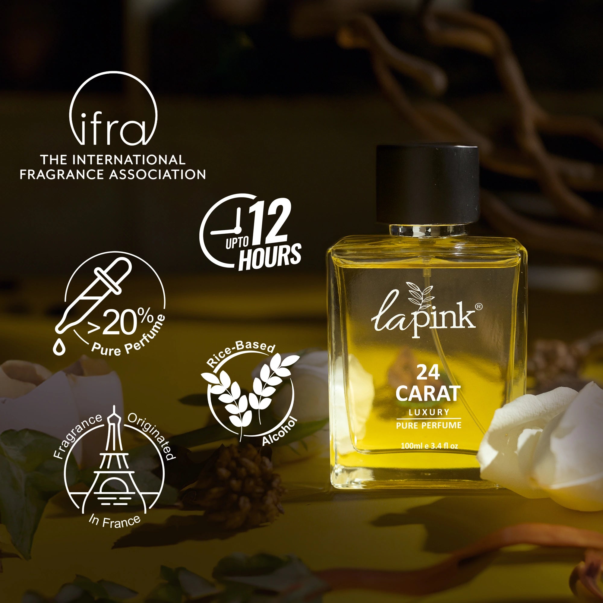 La Pink 24 Carat luxury pure perfume bottle with brand logos and product details on a dark background.