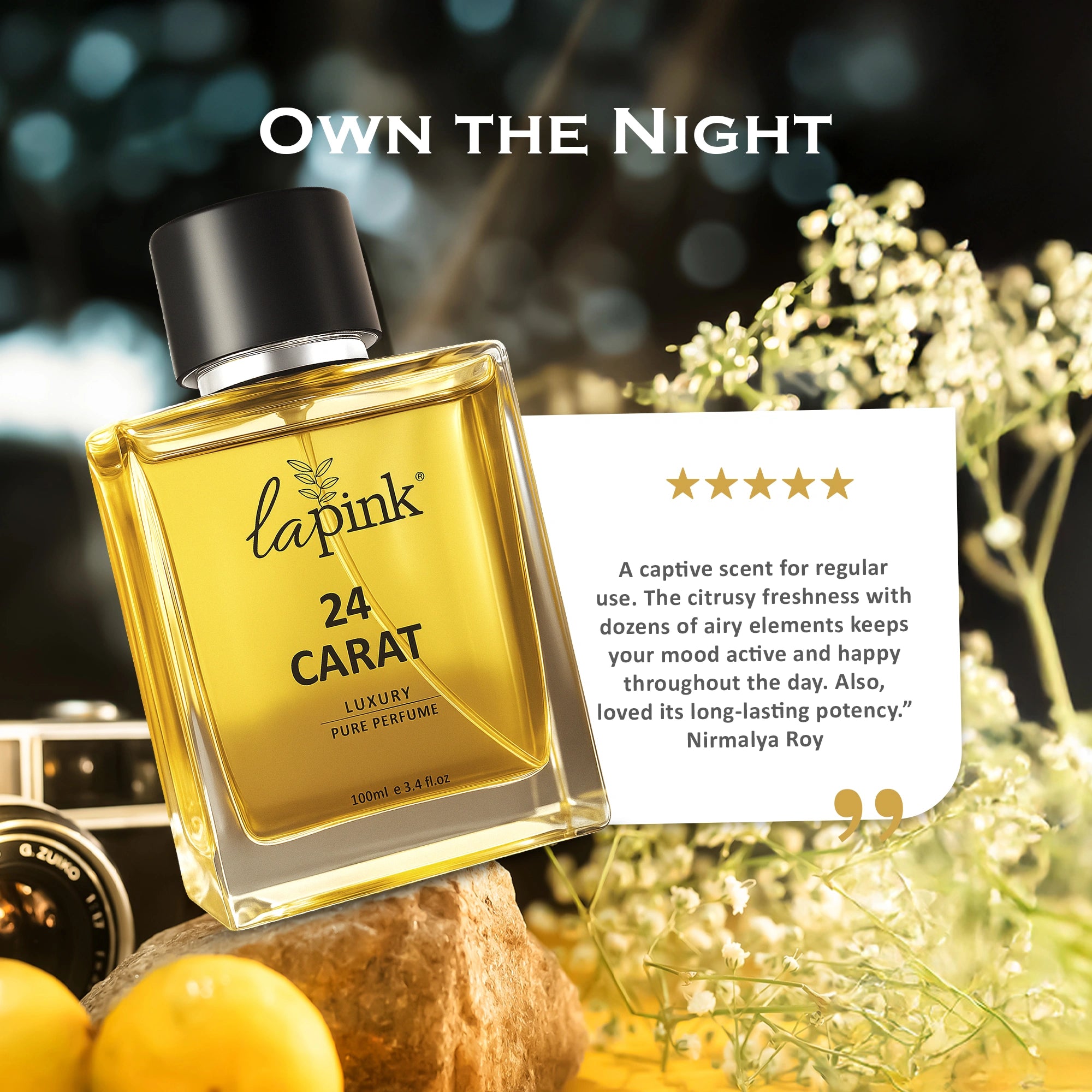 Lapink 24 Carat perfume bottle with a five-star rating card and decorative elements.