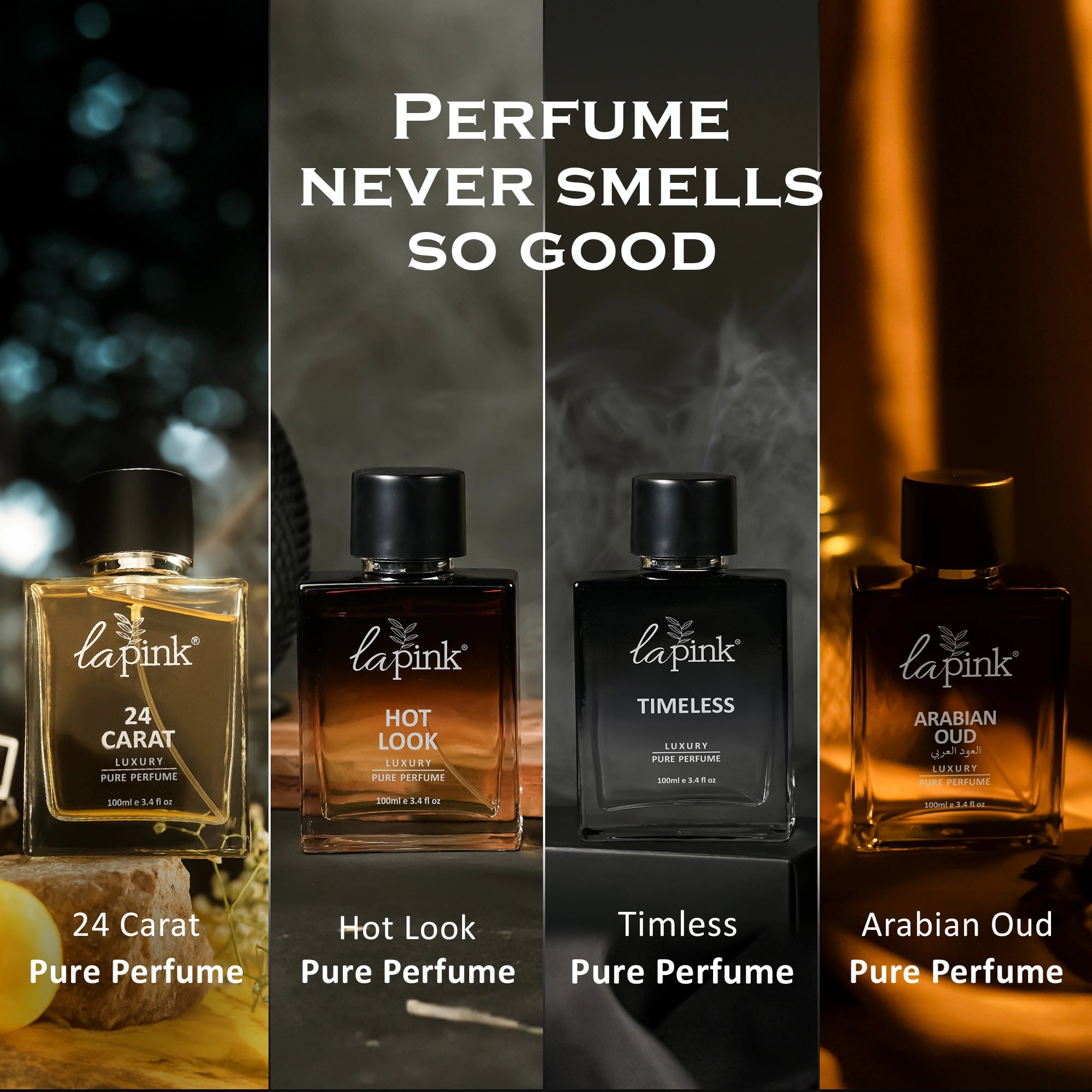Four different bottles of lapink perfume with their names displayed against a dark background.