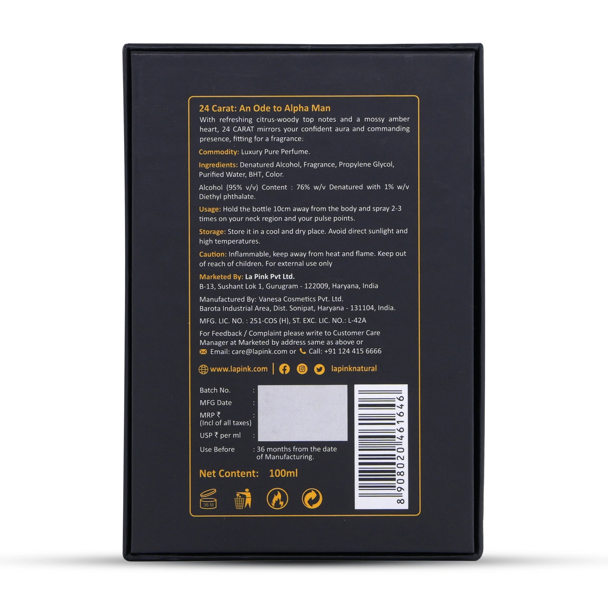 Back label of a product with text and branding on a black background