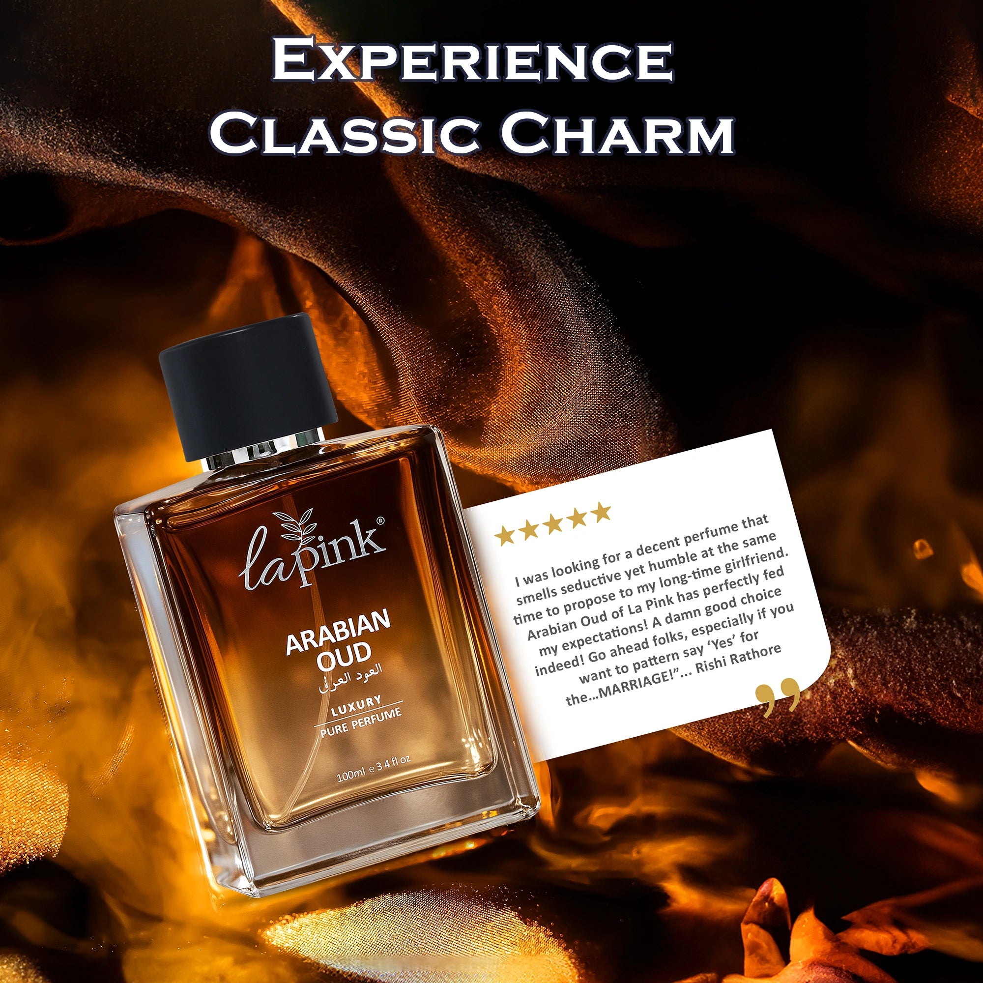 La Pink Arabian Oud perfume bottle with a five-star review card on a warm-toned fabric background