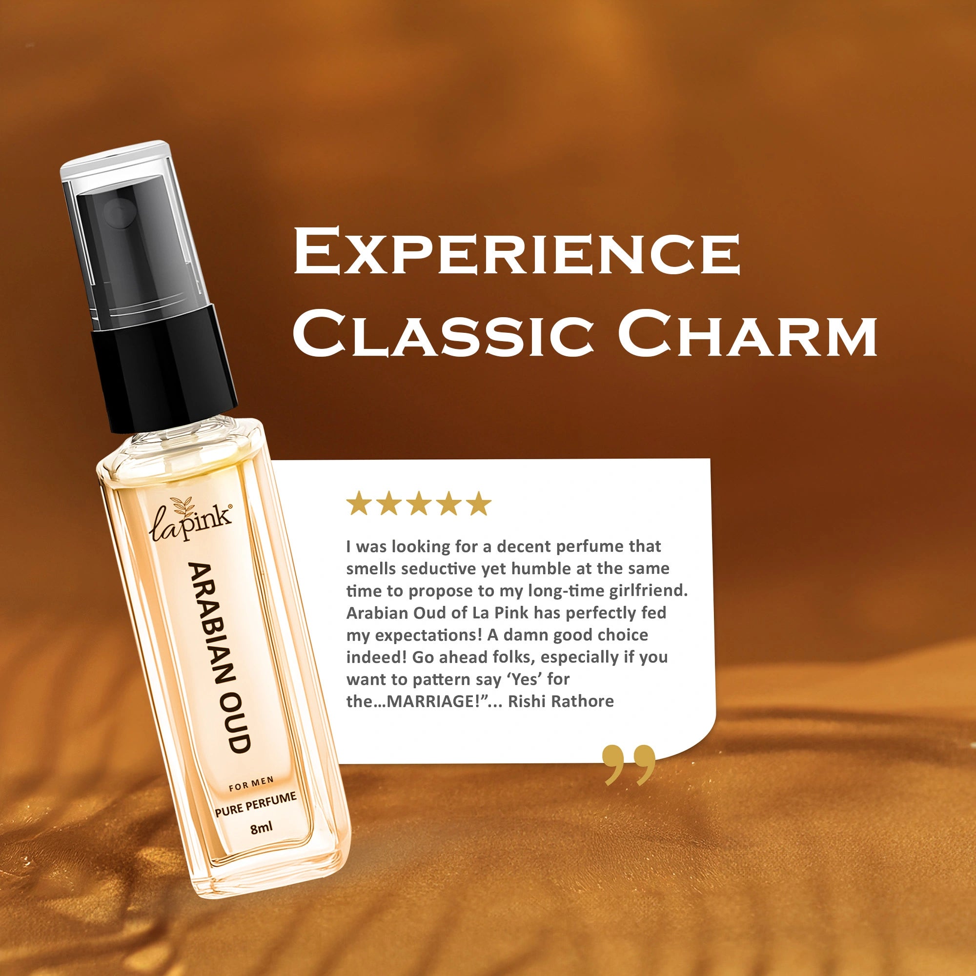 La Pink Arabian Oud perfume bottle with customer review on a brown background