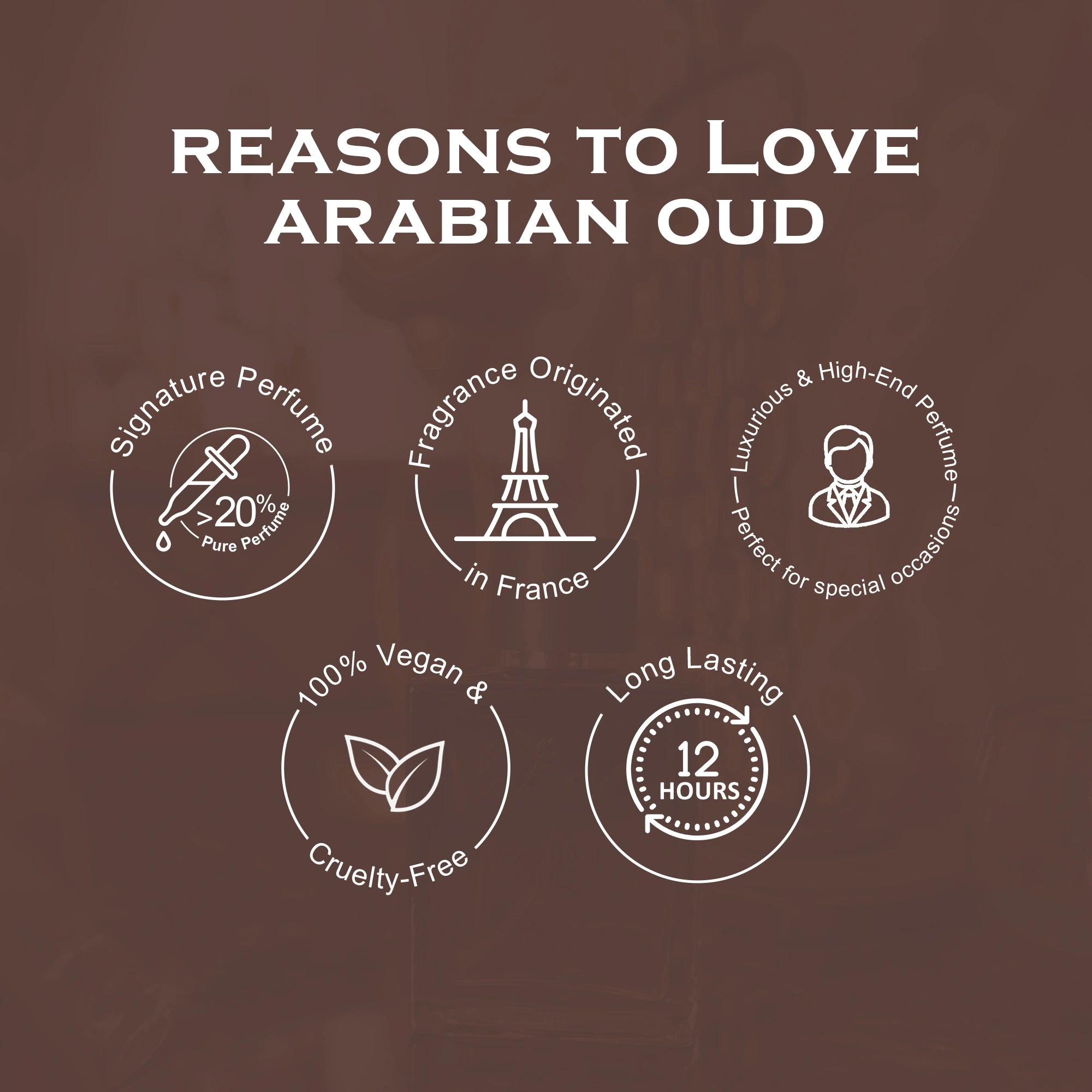 List of reasons to love Arabian oud on a brown background