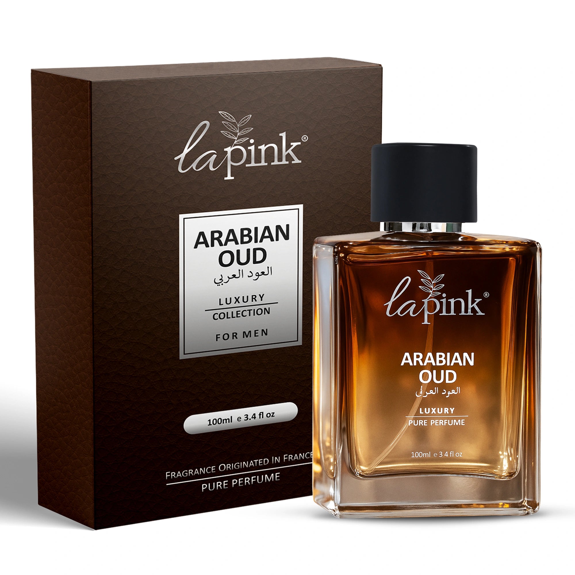 Lapink Arabian Oud perfume bottle and packaging on a white background