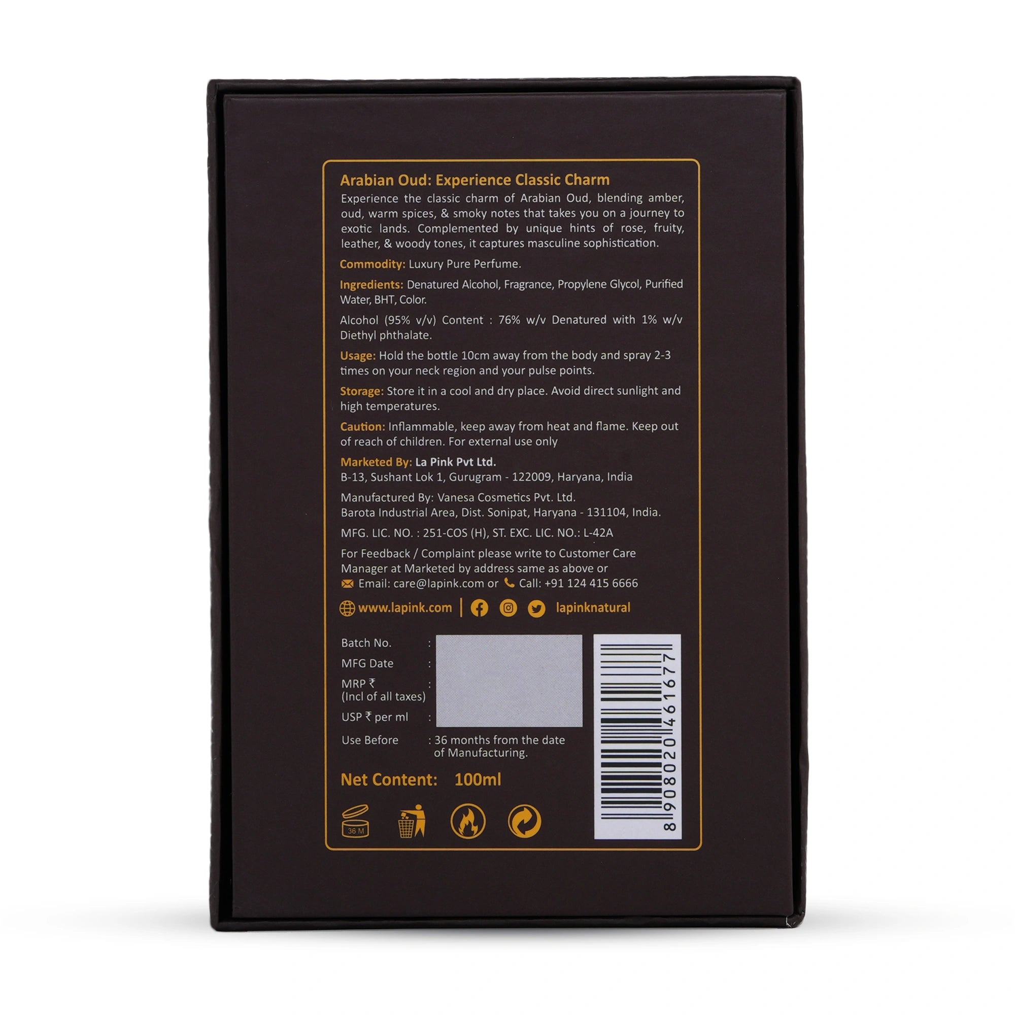 Back of a perfume bottle packaging with text and branding details.