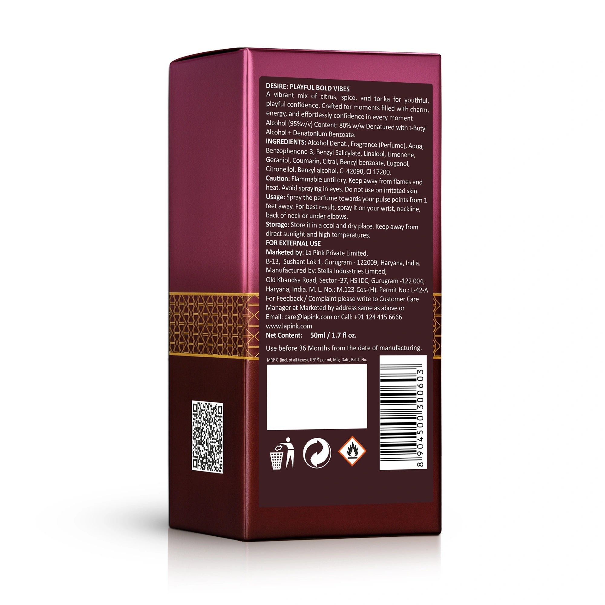 Back view of a maroon product box with text and labels on a white background
