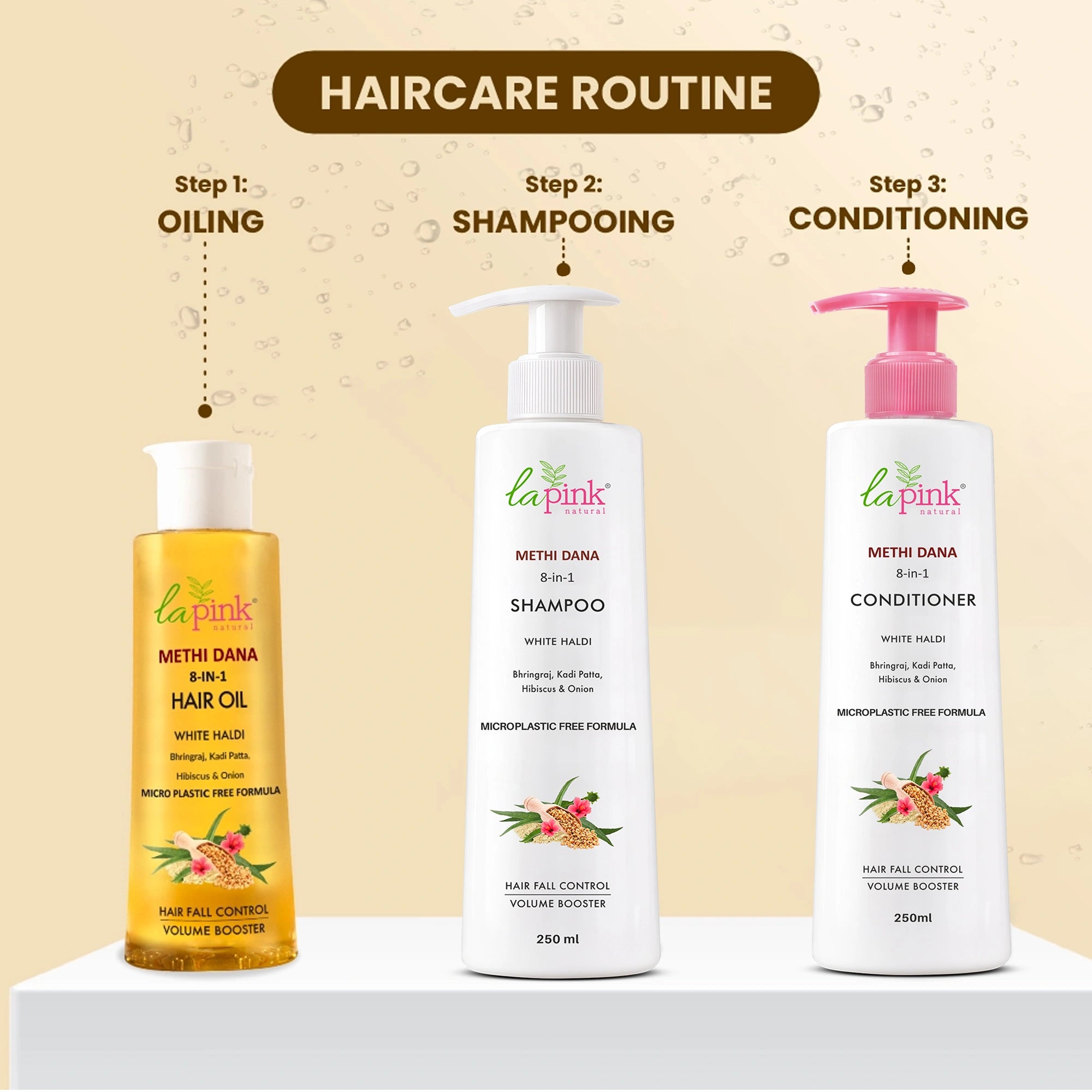 Hair care routine with shampoo, conditioner, and hair oil on a beige background