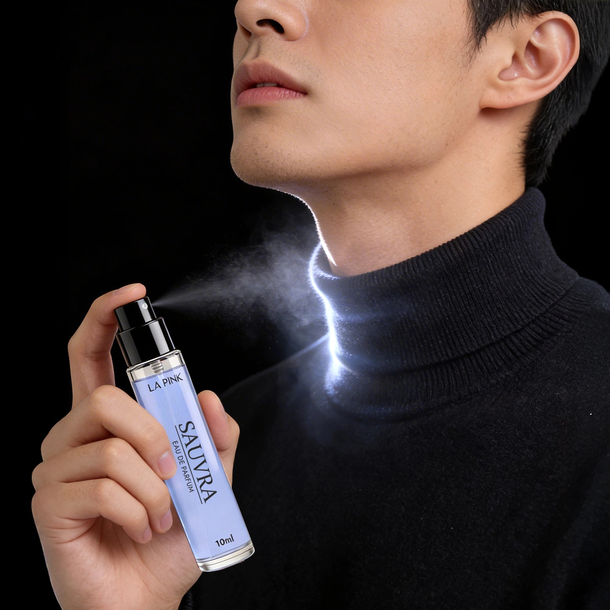 Person using a spray bottle labeled &