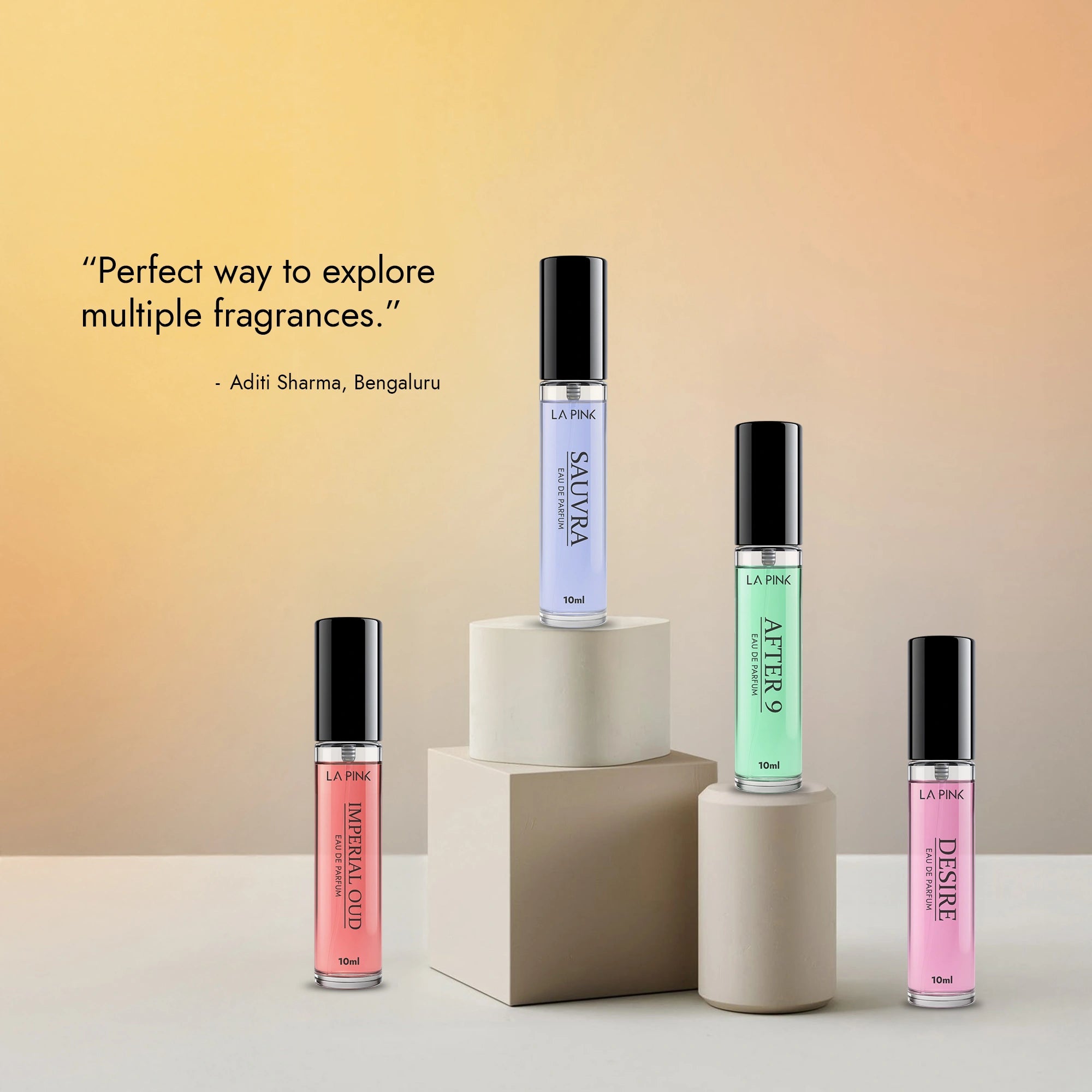 Set of perfume bottles on a gradient background with product names and a quote.