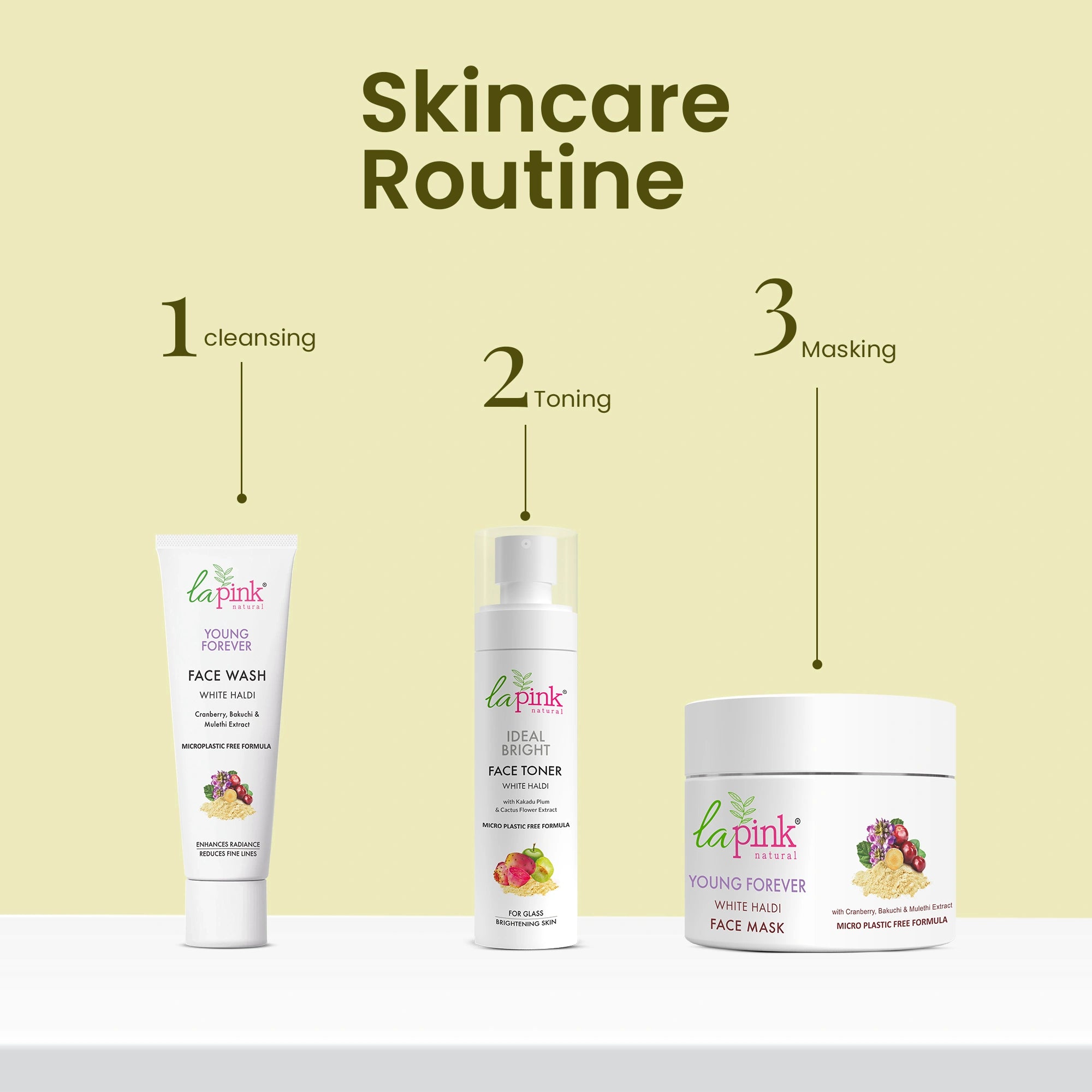 La Pink skincare products with steps for a skincare routine on a light yellow background