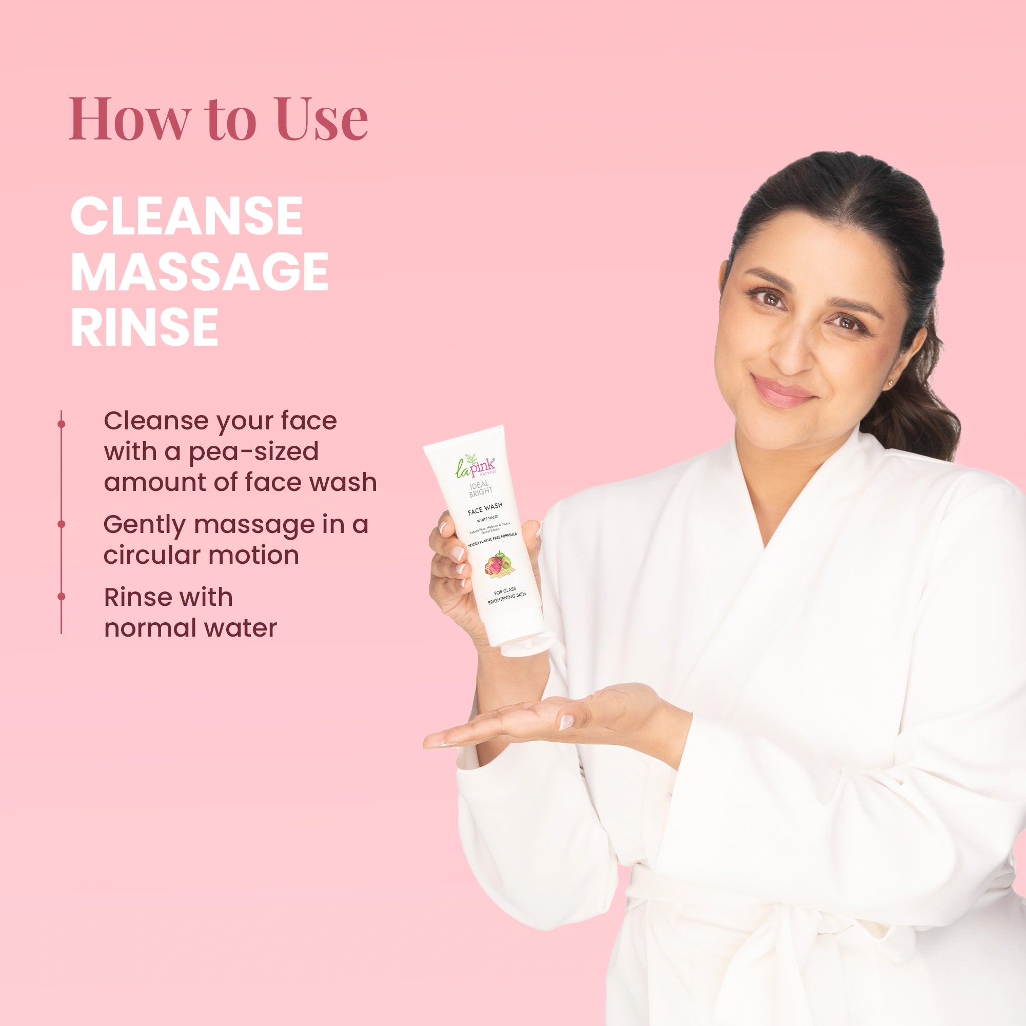Woman holding a skincare product with instructions on a pink background