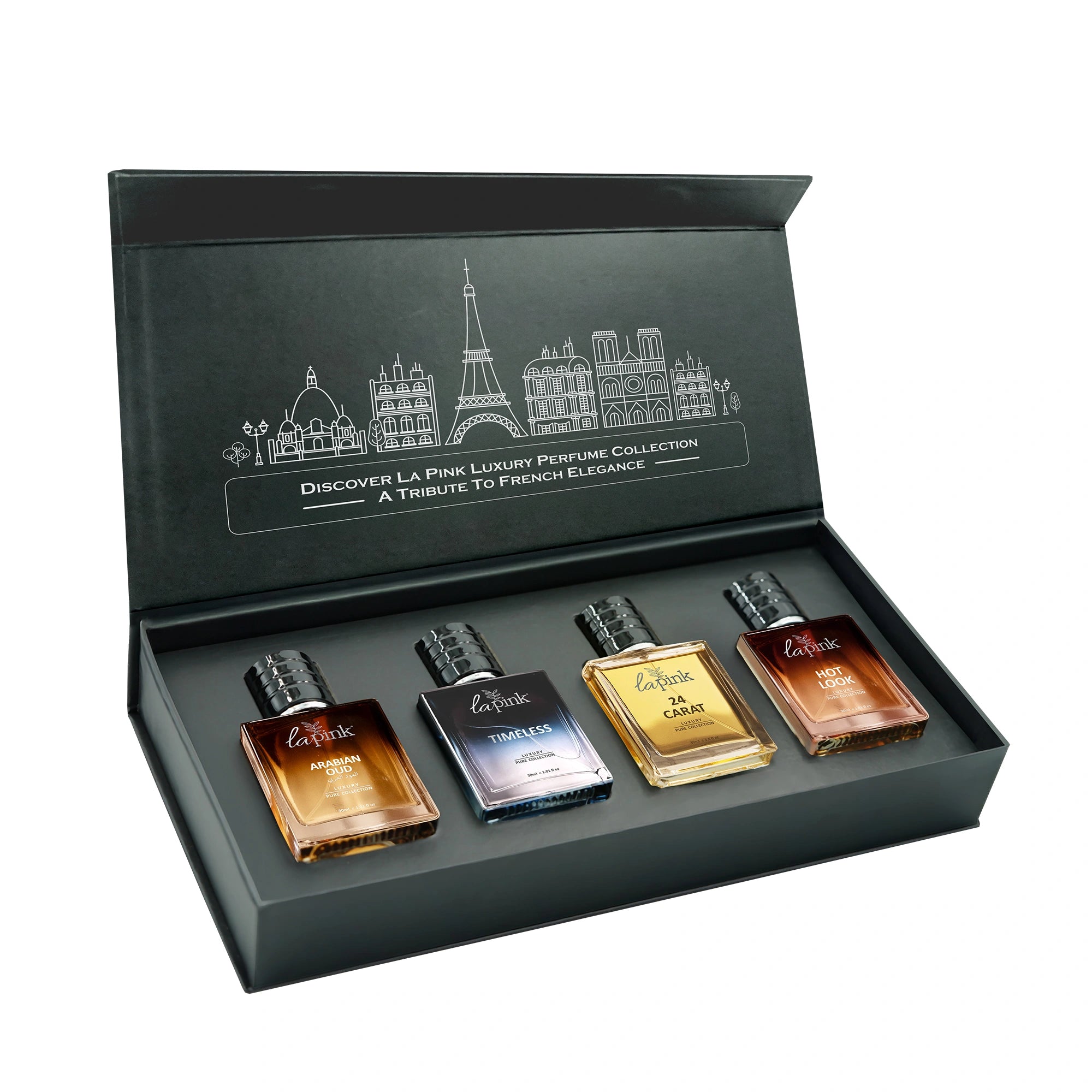 Set of four perfume bottles in a black box with Eiffel Tower design, featuring La Rive brand.