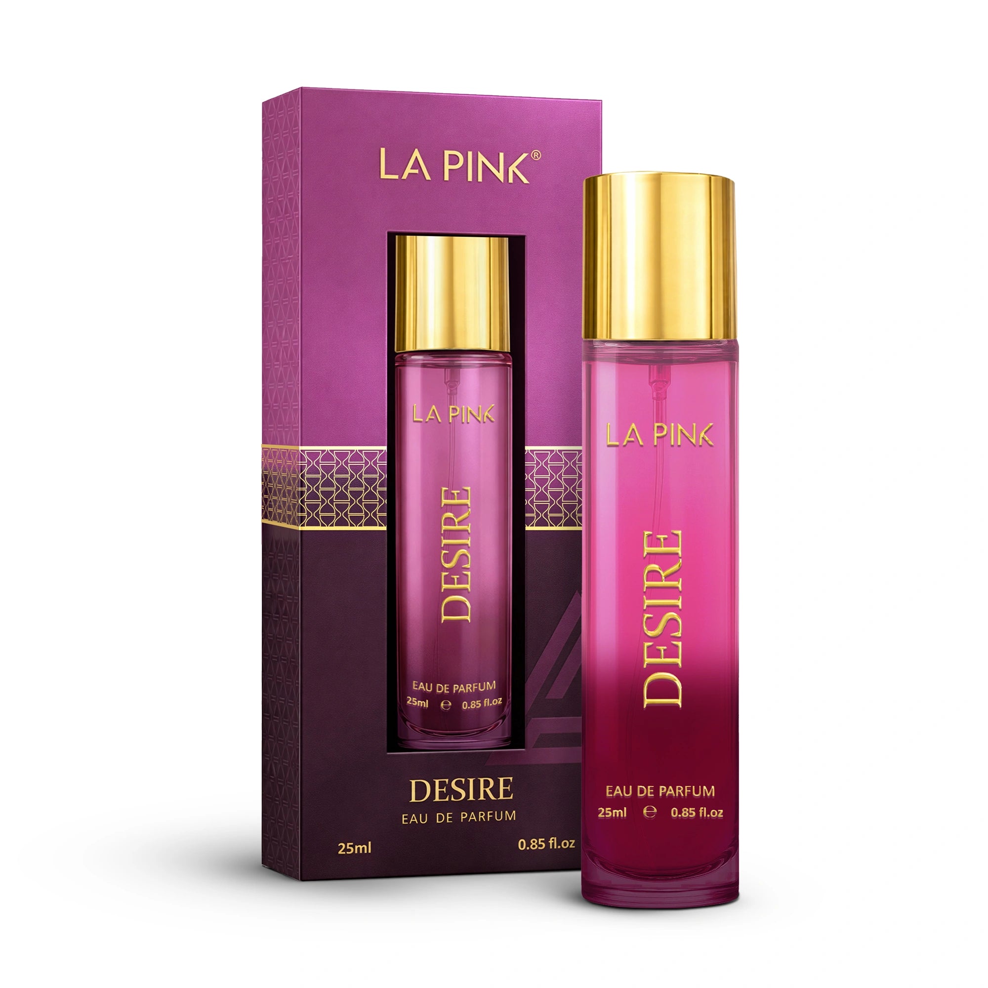 La Pink Desire Eau de Parfum with packaging on a white background