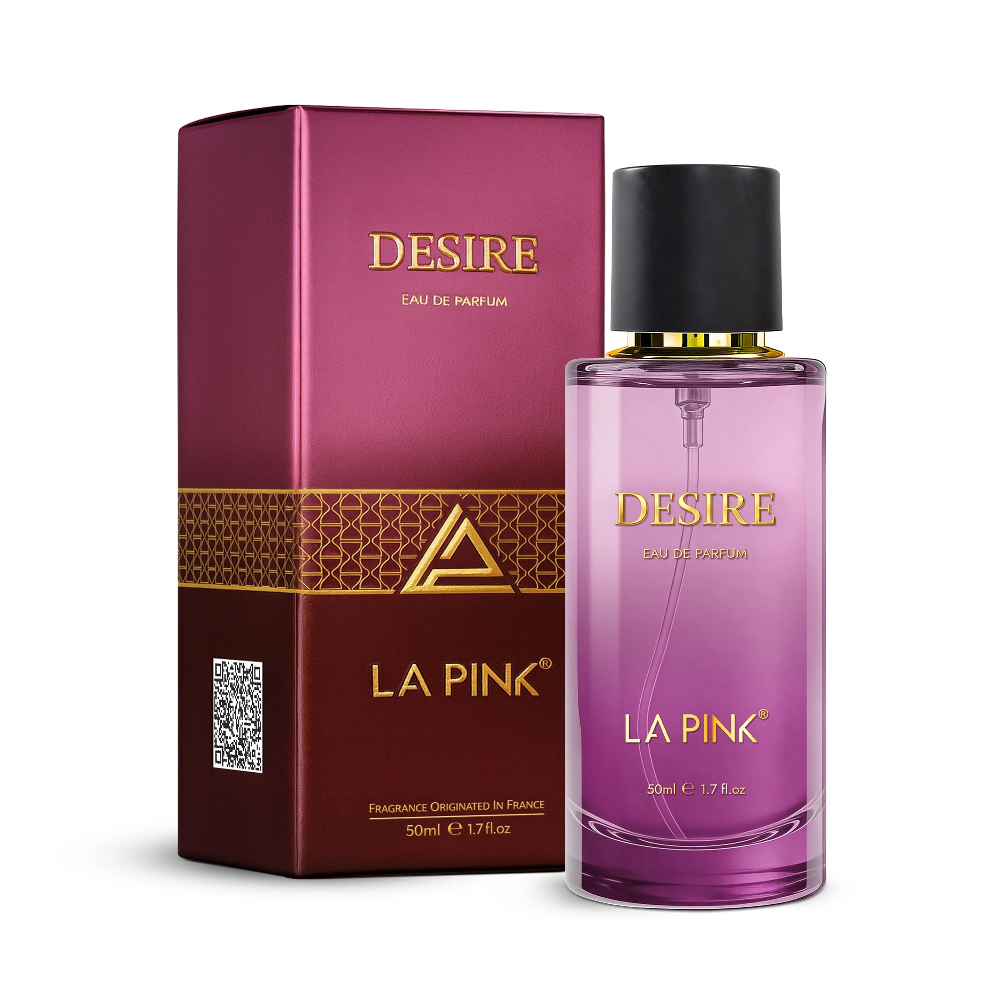 La Pink Desire perfume bottle and packaging on a white background