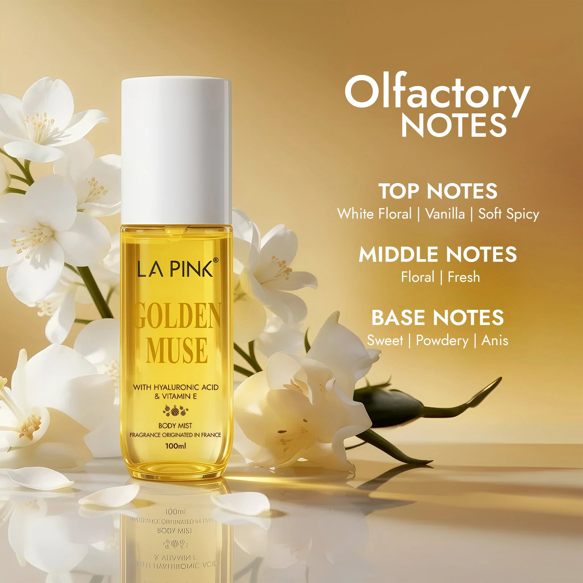 La Pink Golden Muse body mist with floral elements and olfactory notes text on a warm background
