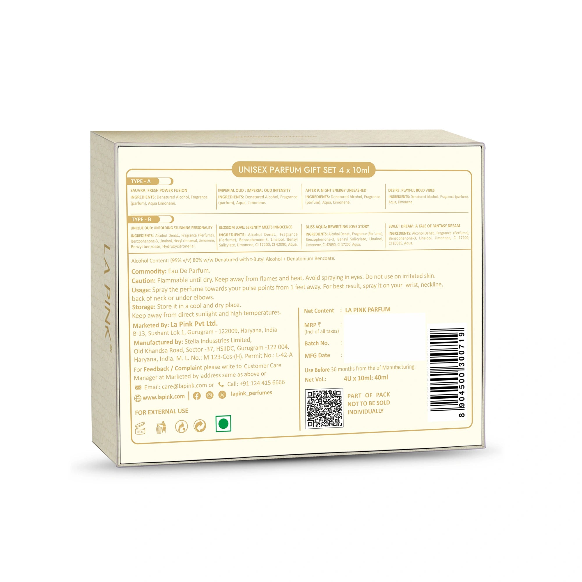 Unisex perfume gift set packaging with text and barcode on a white background