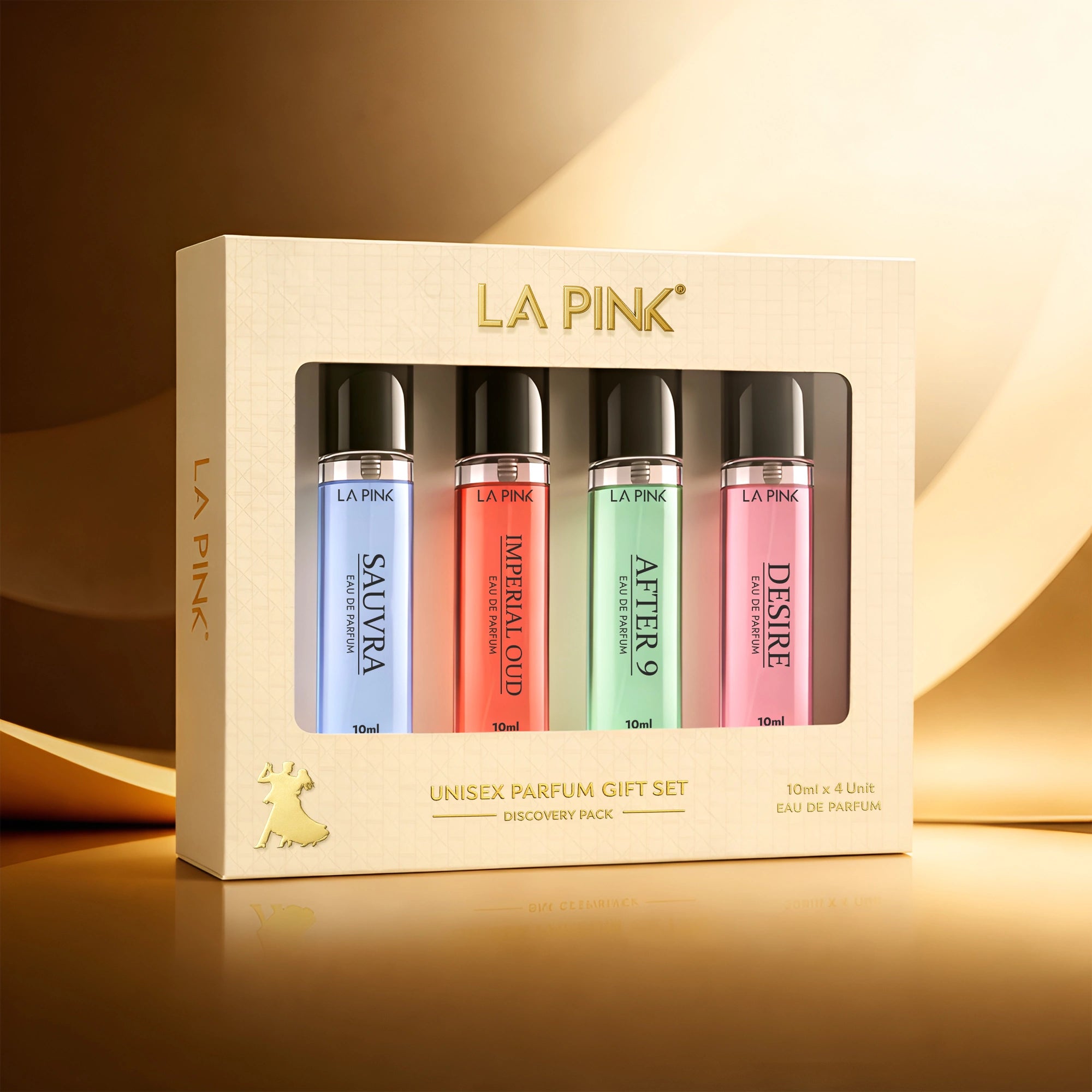 LA Pink unisex perfume gift set with four bottles in a decorative box on a warm background