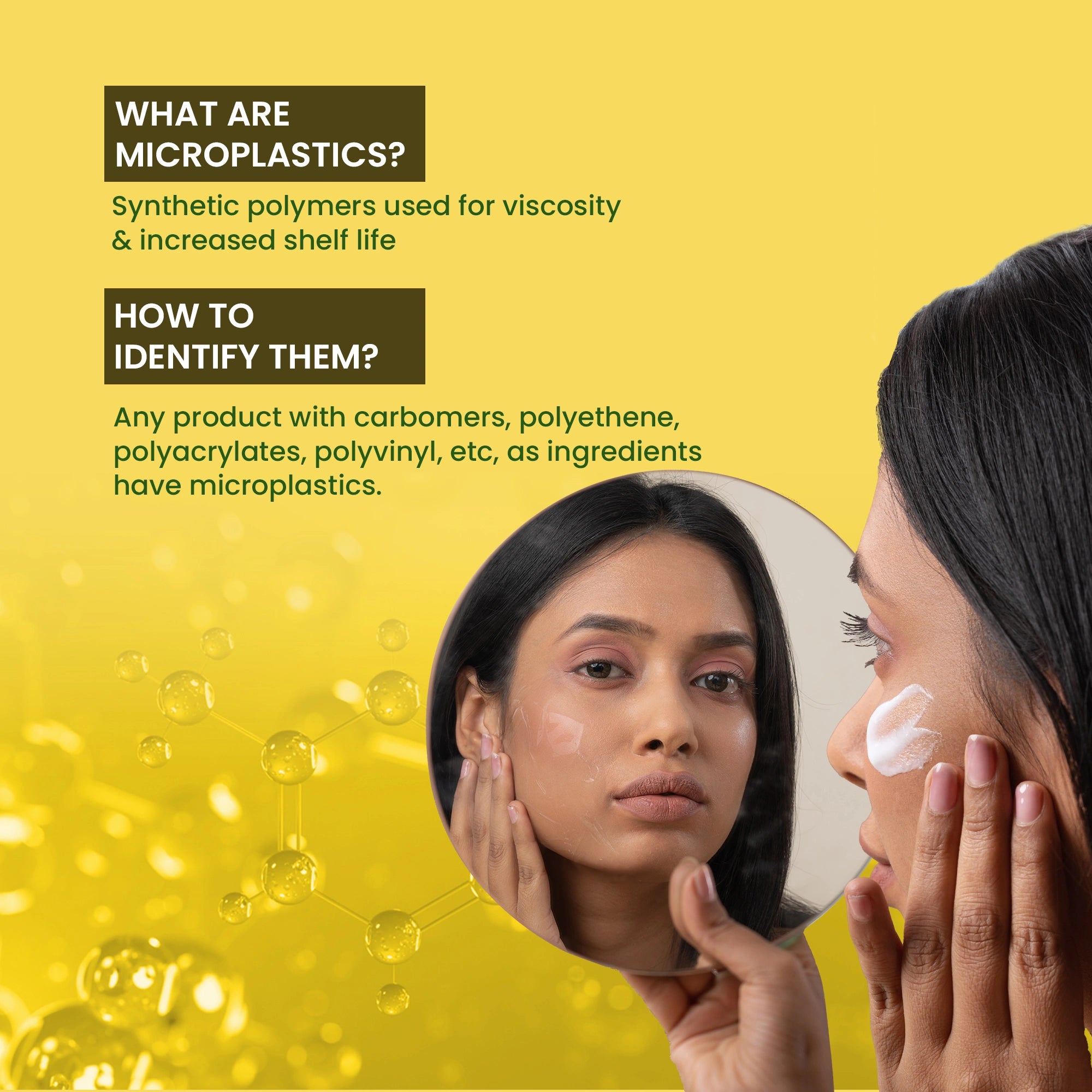 Woman applying cream to her face with a yellow background and text about microplastics.