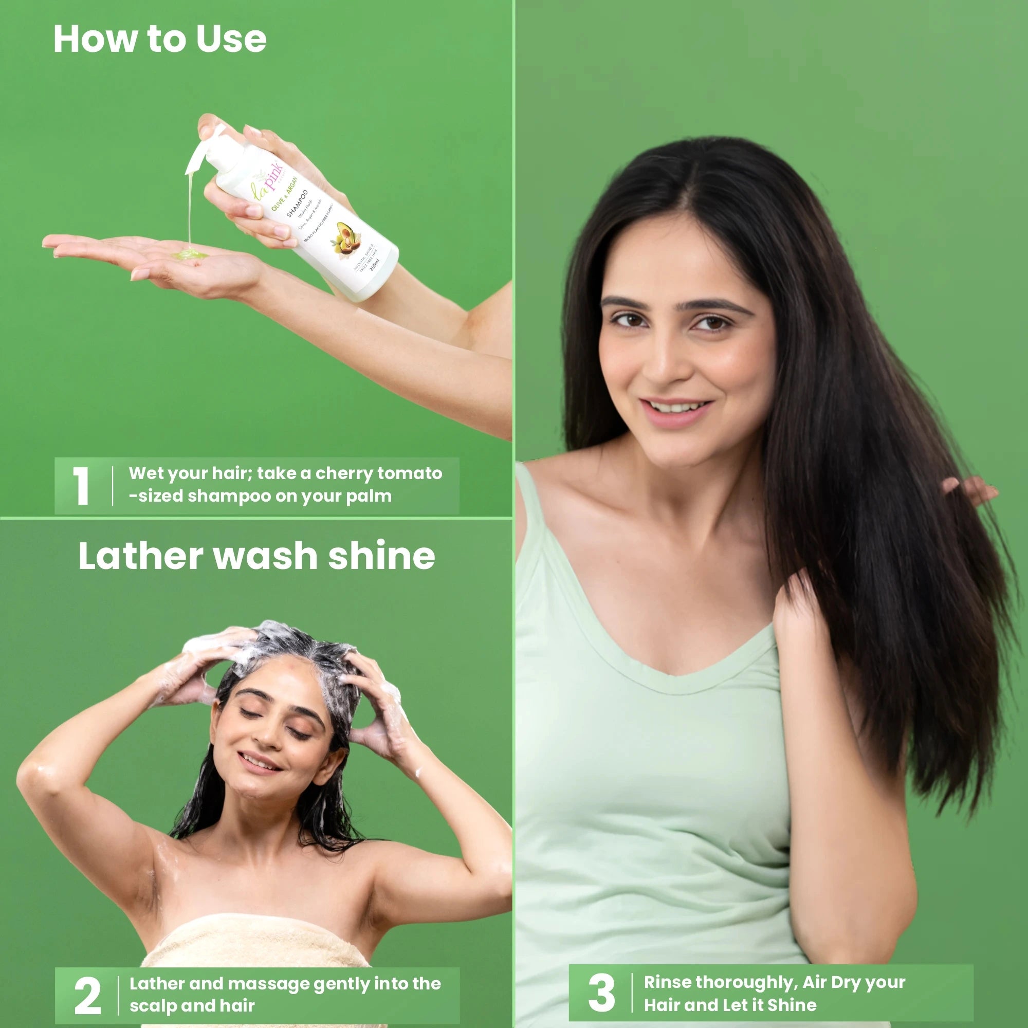Instructions on how to use shampoo with a woman applying it and another showing clean hair.