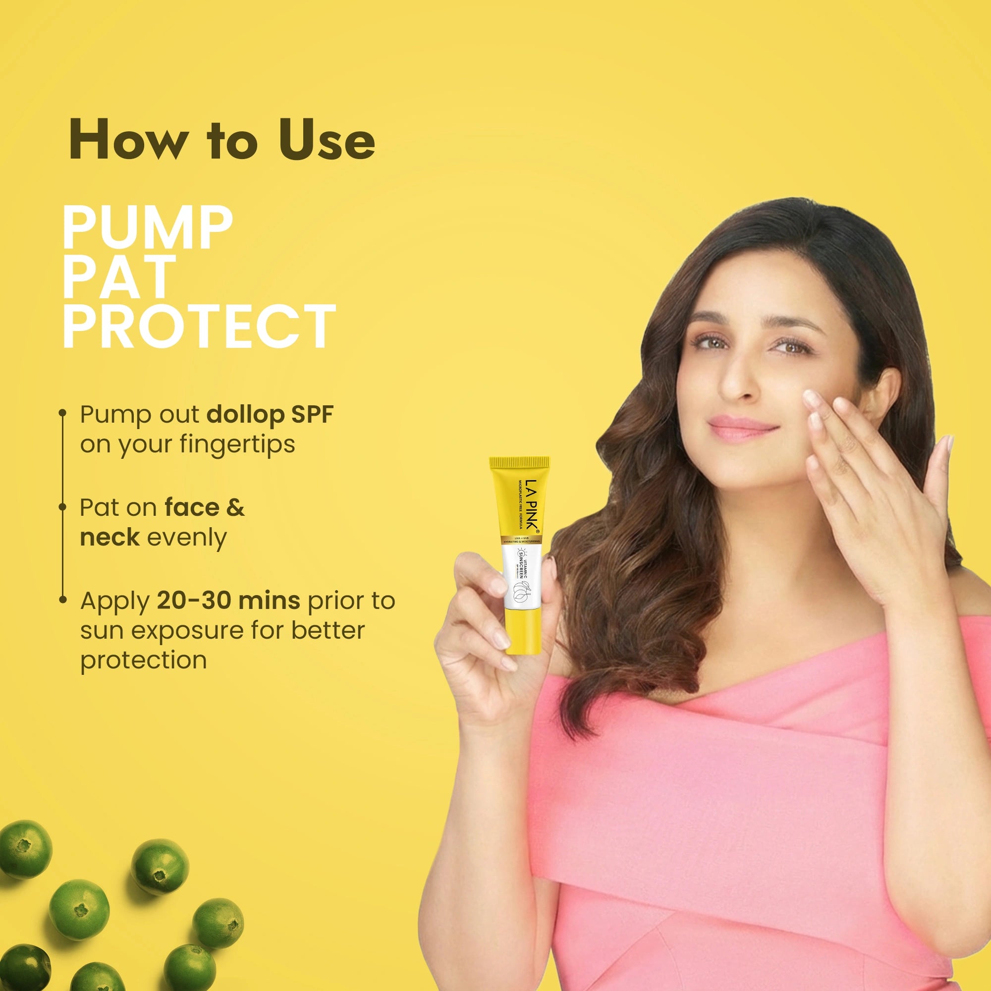 Woman holding a skincare product with text on how to use it against a yellow background