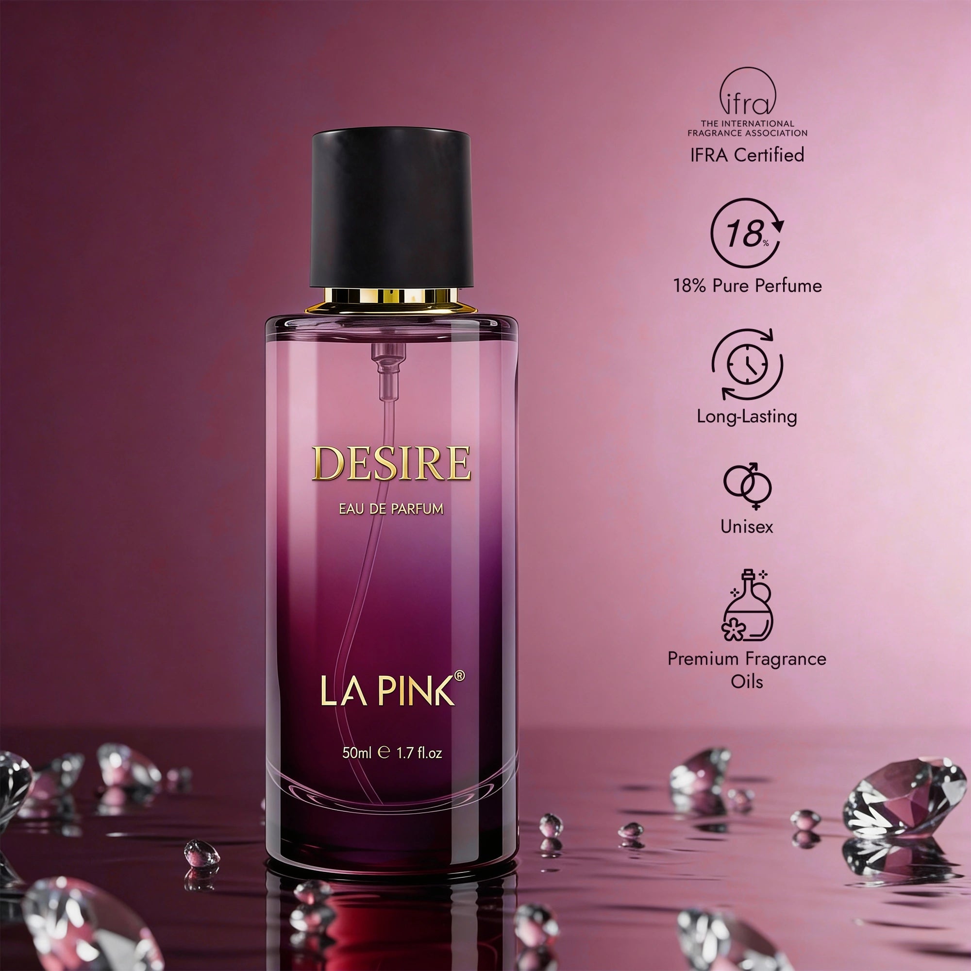La Pink Desire Eau de Parfum bottle on a pink background with product features listed.