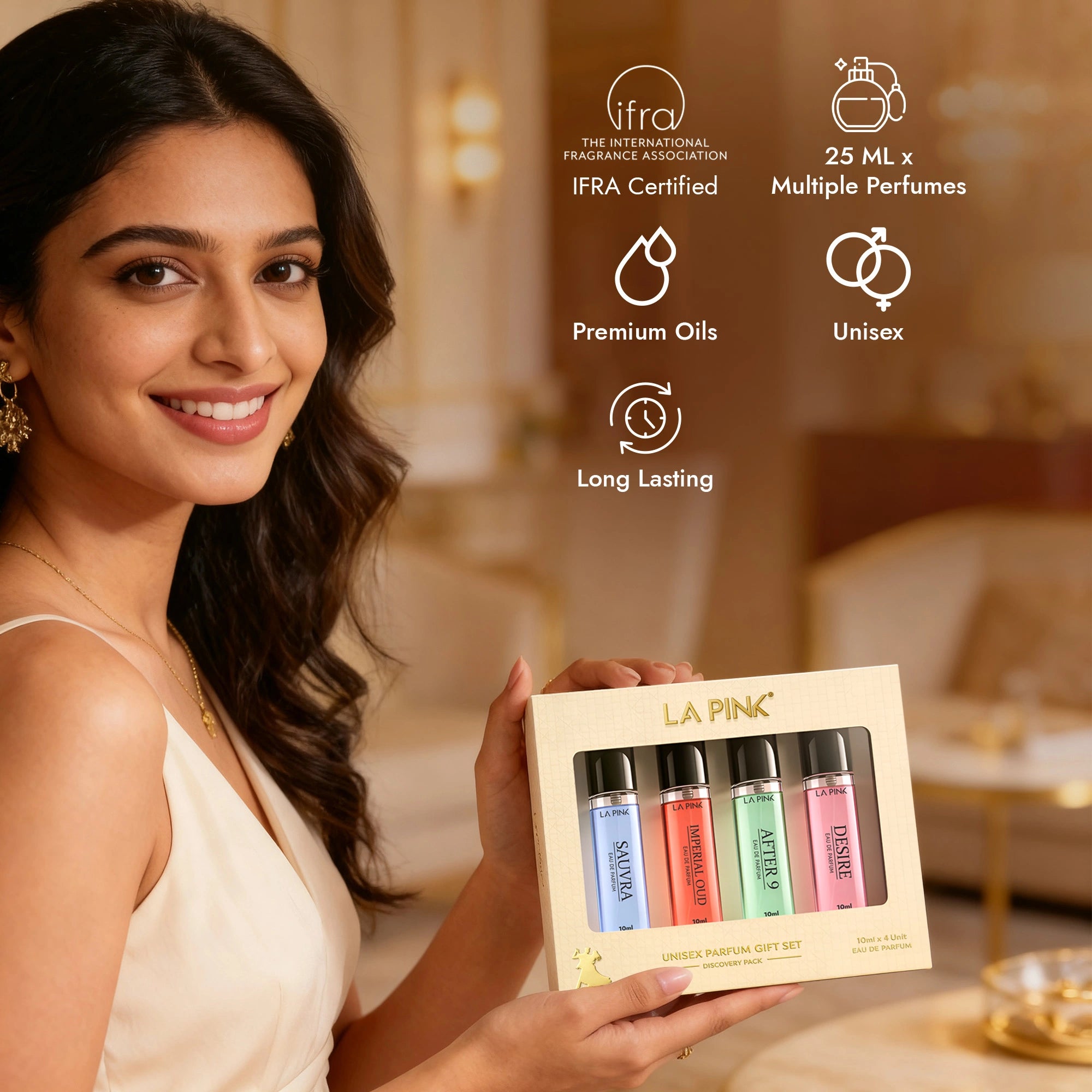 Woman holding a La Pink perfume set with product features displayed.