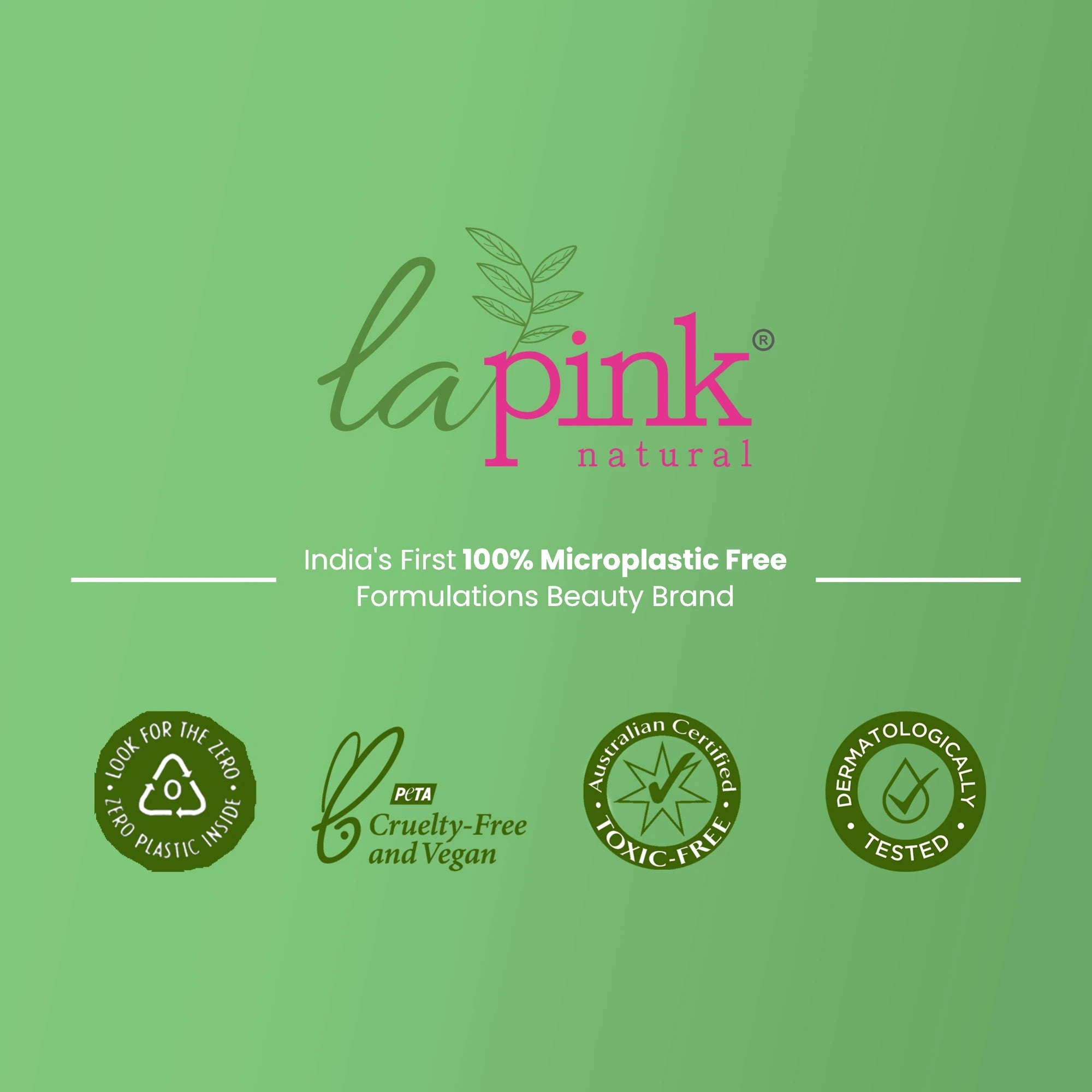 Lapink Natural branding on a green background with certification logos.