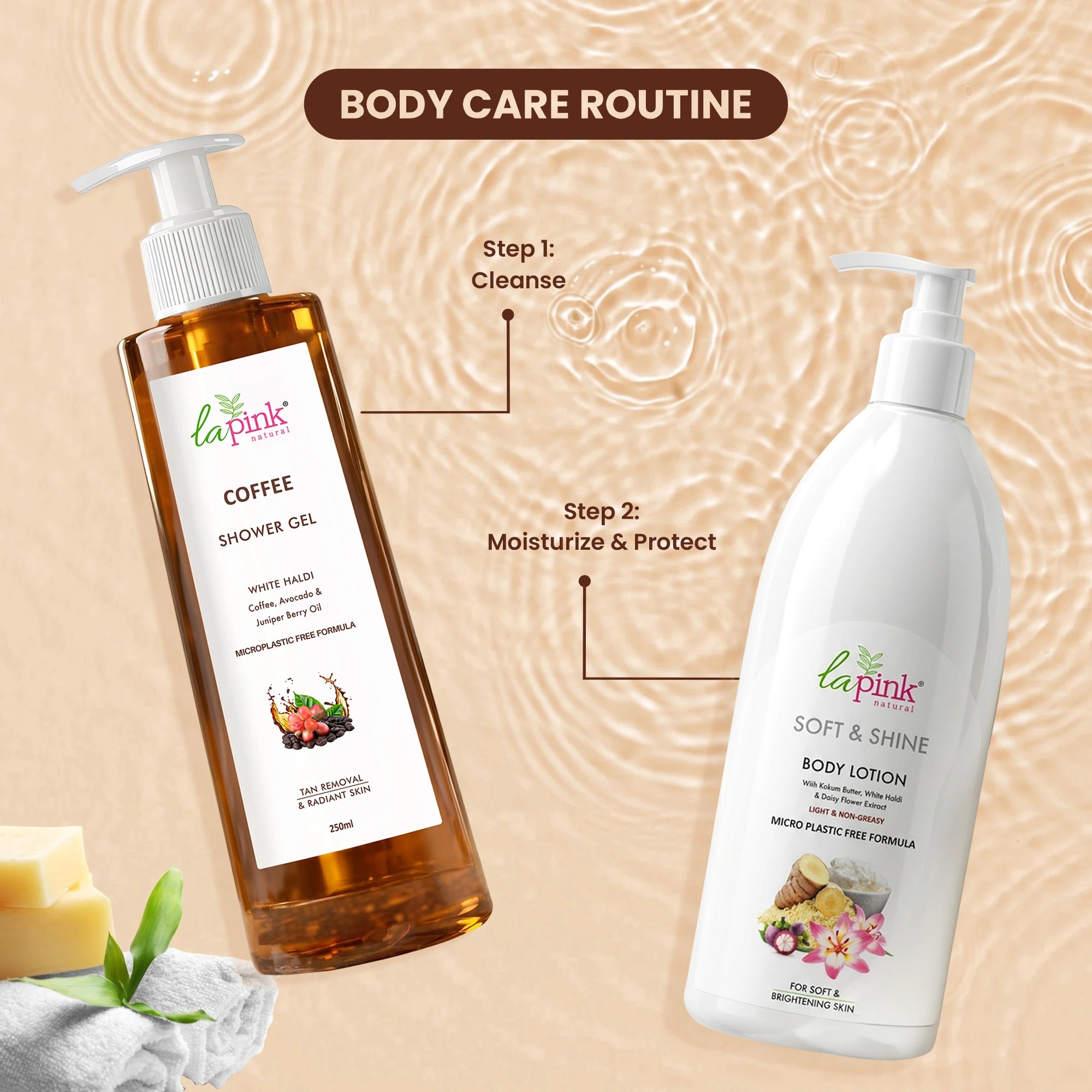 Two body care products, a shower gel and a body lotion, with a beige background and &
