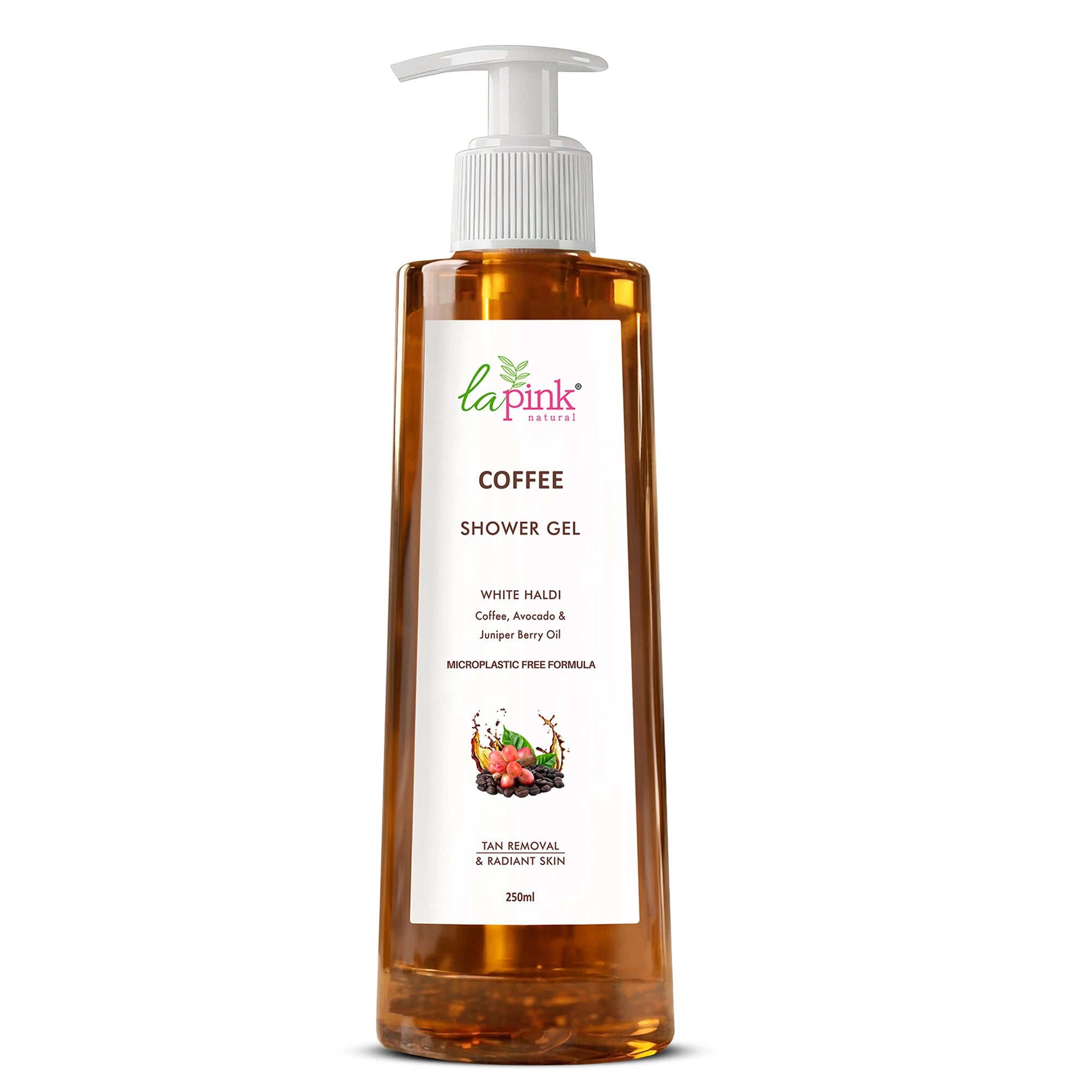 Bottle of coffee shower gel with a white pump on a white background