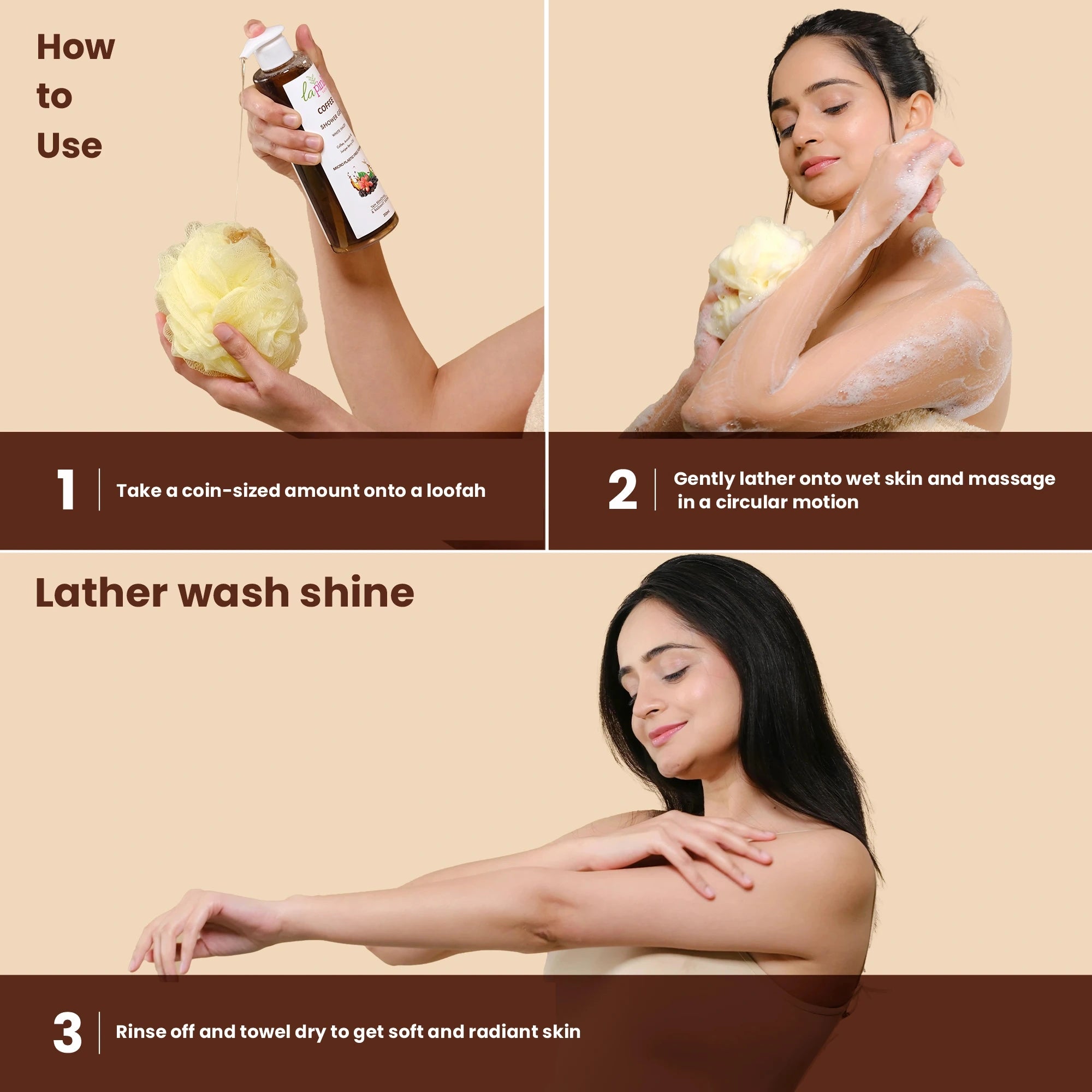 Instructions on how to use a loofah and scrubber with a woman applying it to her skin.