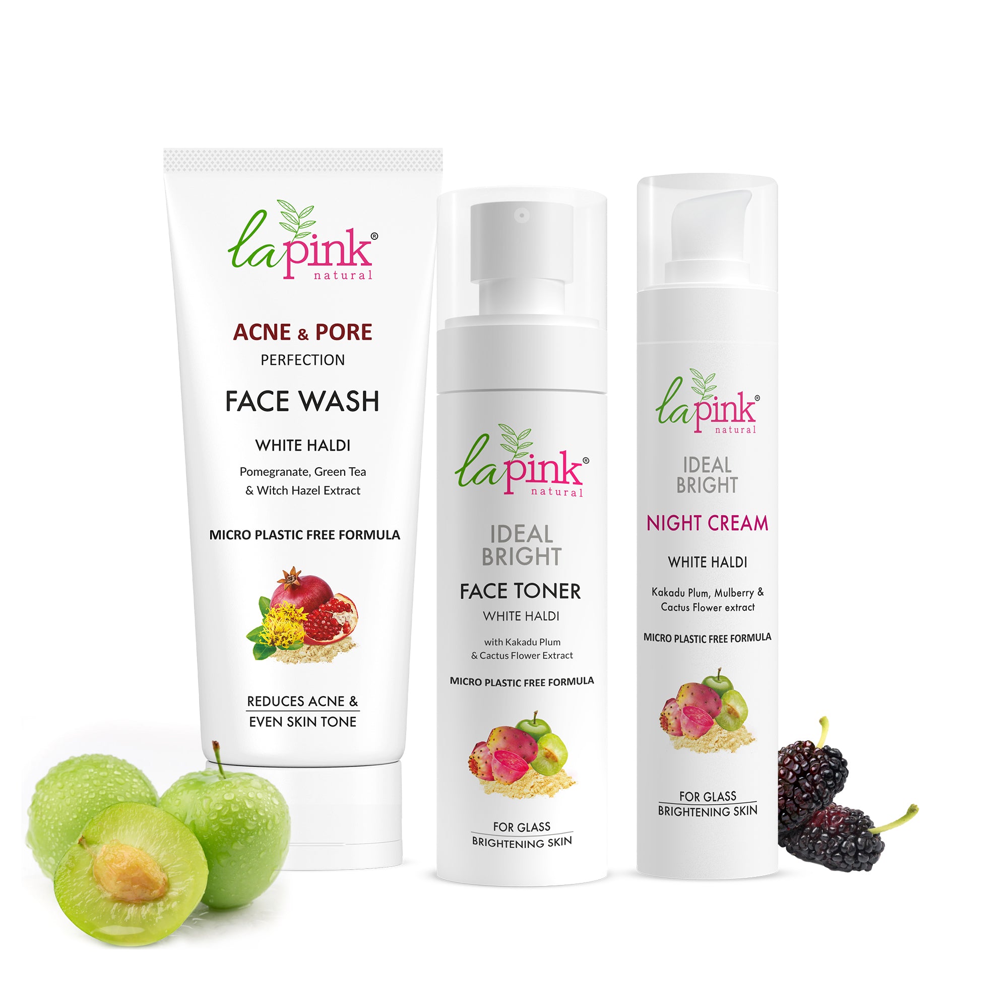 A set of three skin care products from La Pink, including acne face wash, face toner, and ideal bright night cream, with ingredients such as white haldi and blueberries depicted on the packaging.