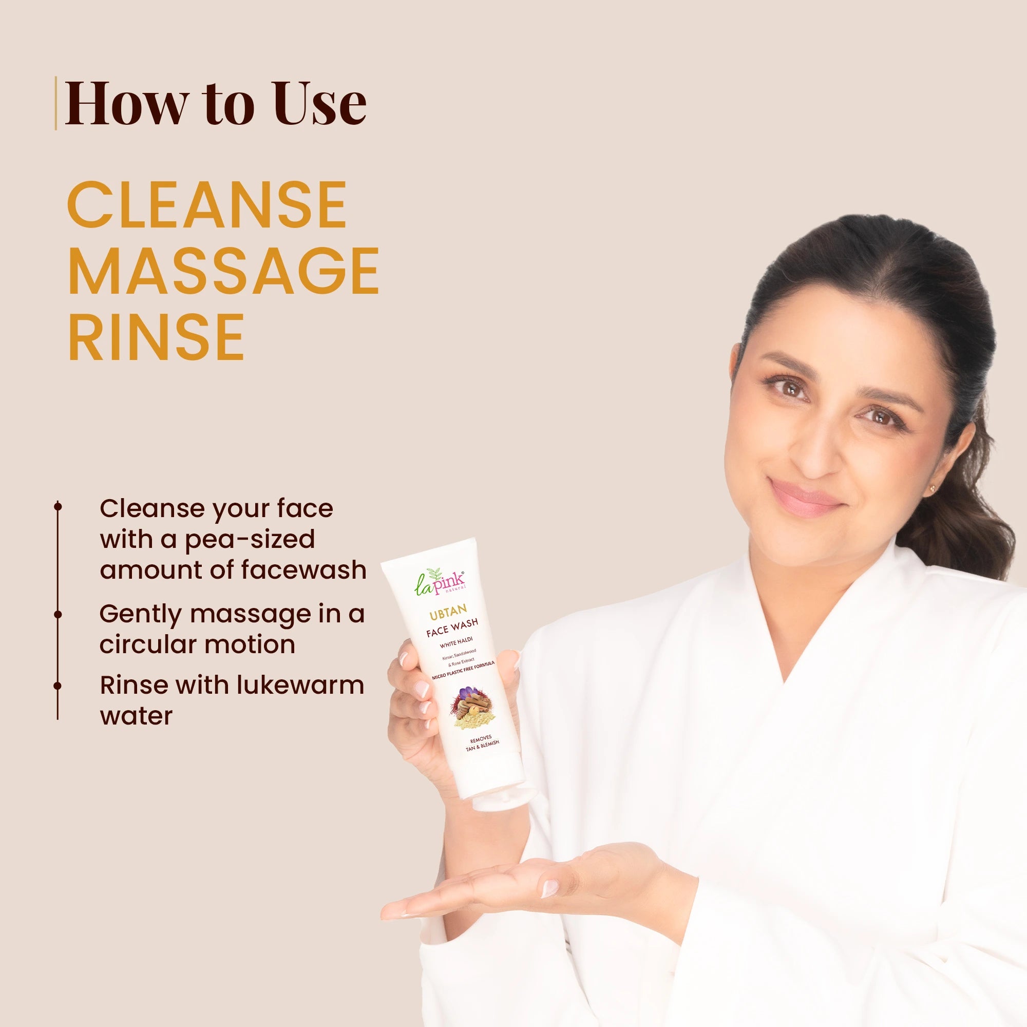 Woman holding a face wash product with instructions on how to use it.