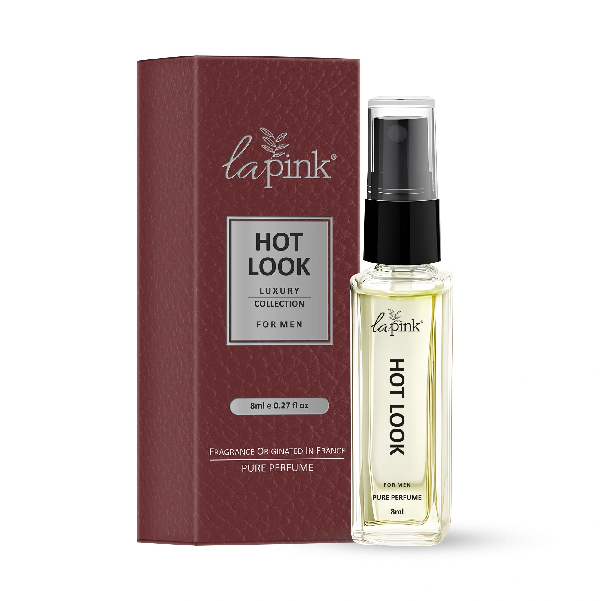 La Pink Hot Look perfume bottle and packaging on a white background