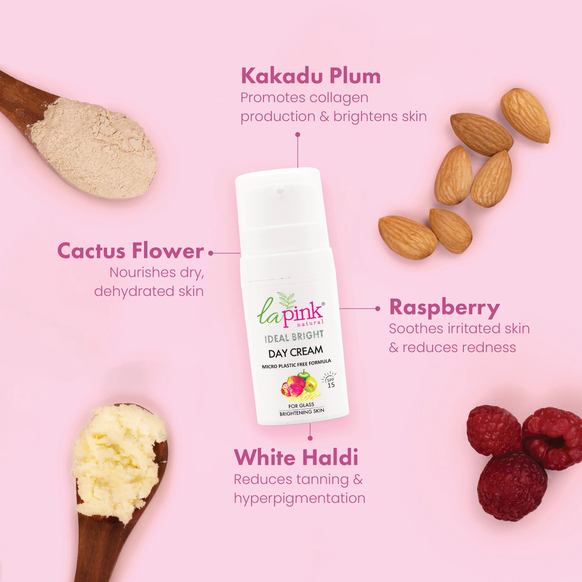 Day cream with ingredients like Kakadu Plum, Cactus Flower, Raspberry, and White Haldi on a pink background