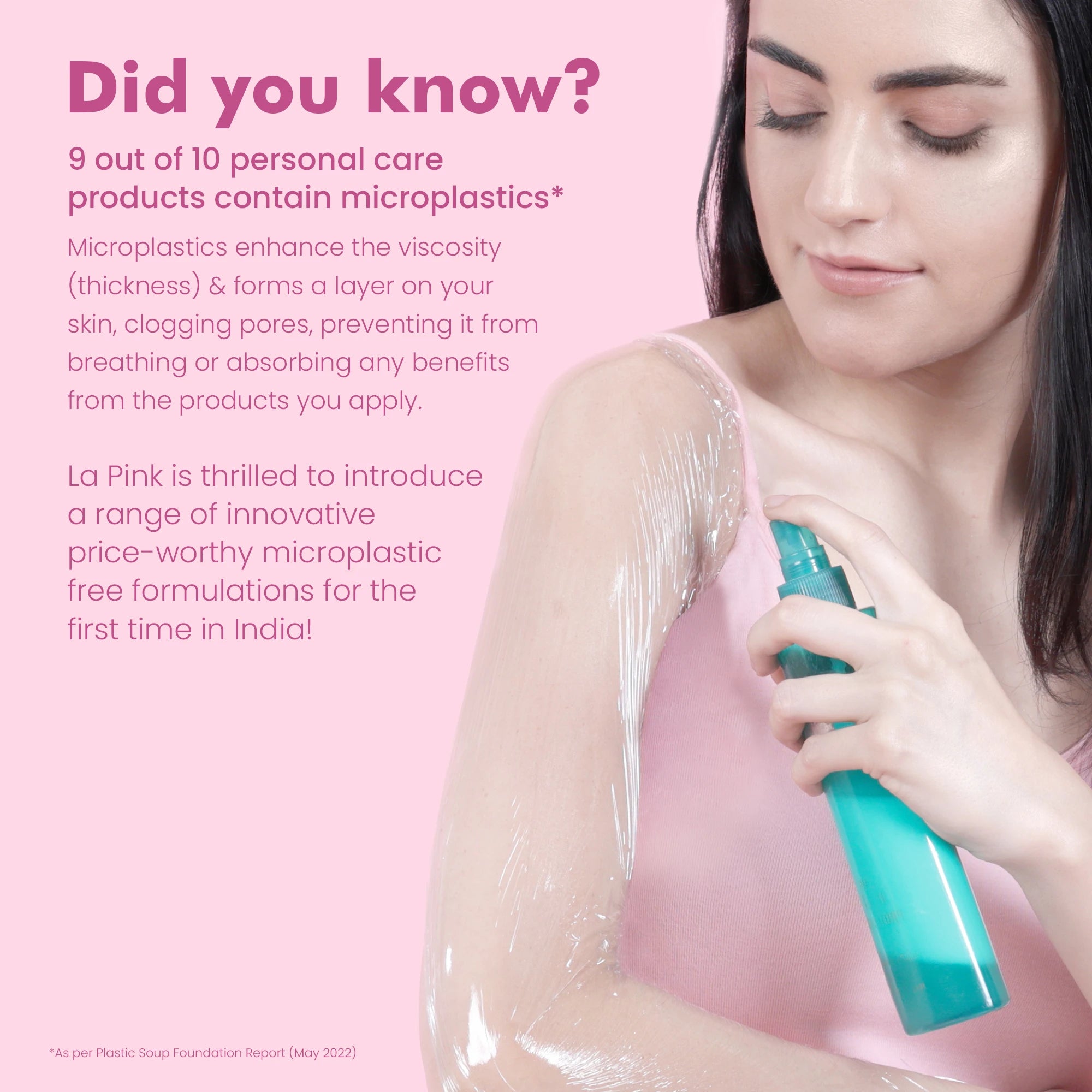 Woman applying a product with text about microplastics in personal care products on a pink background