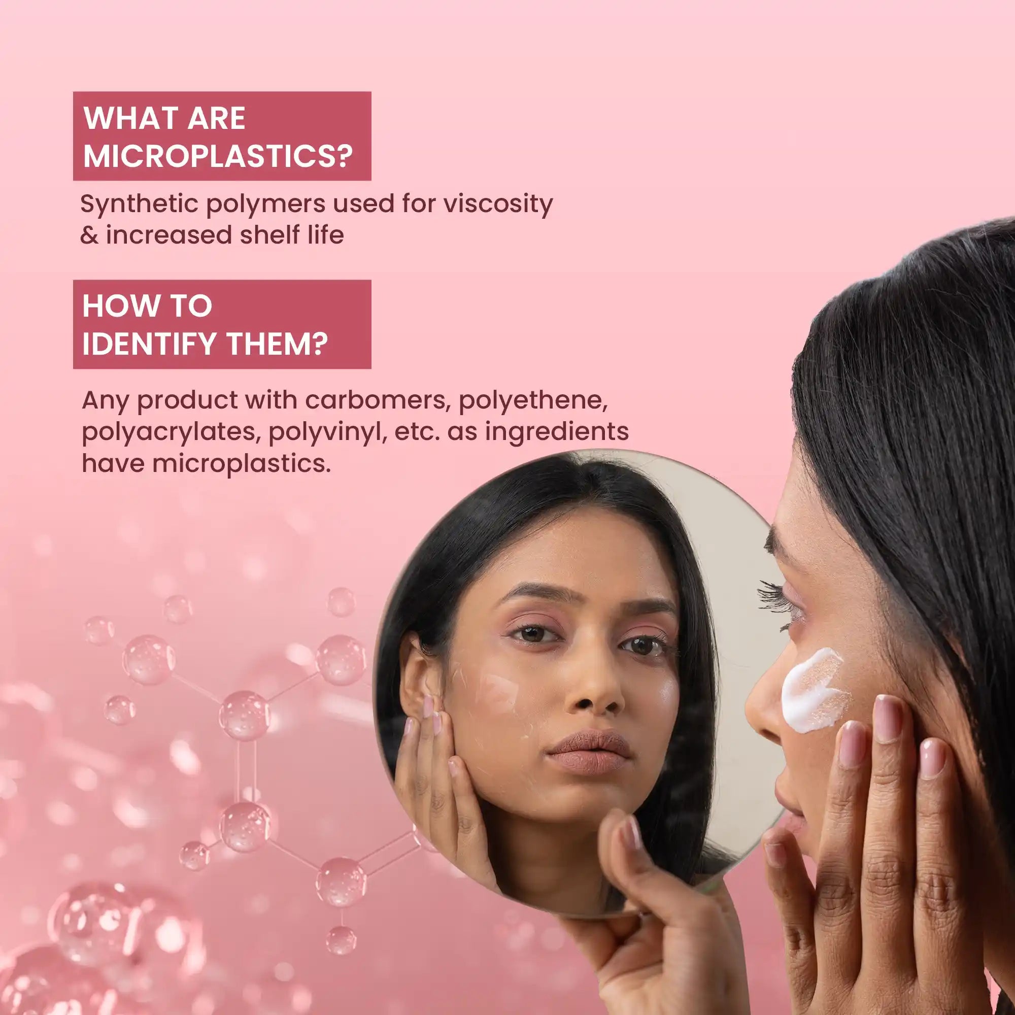 Woman applying cream to her face with text about microplastics on a pink background