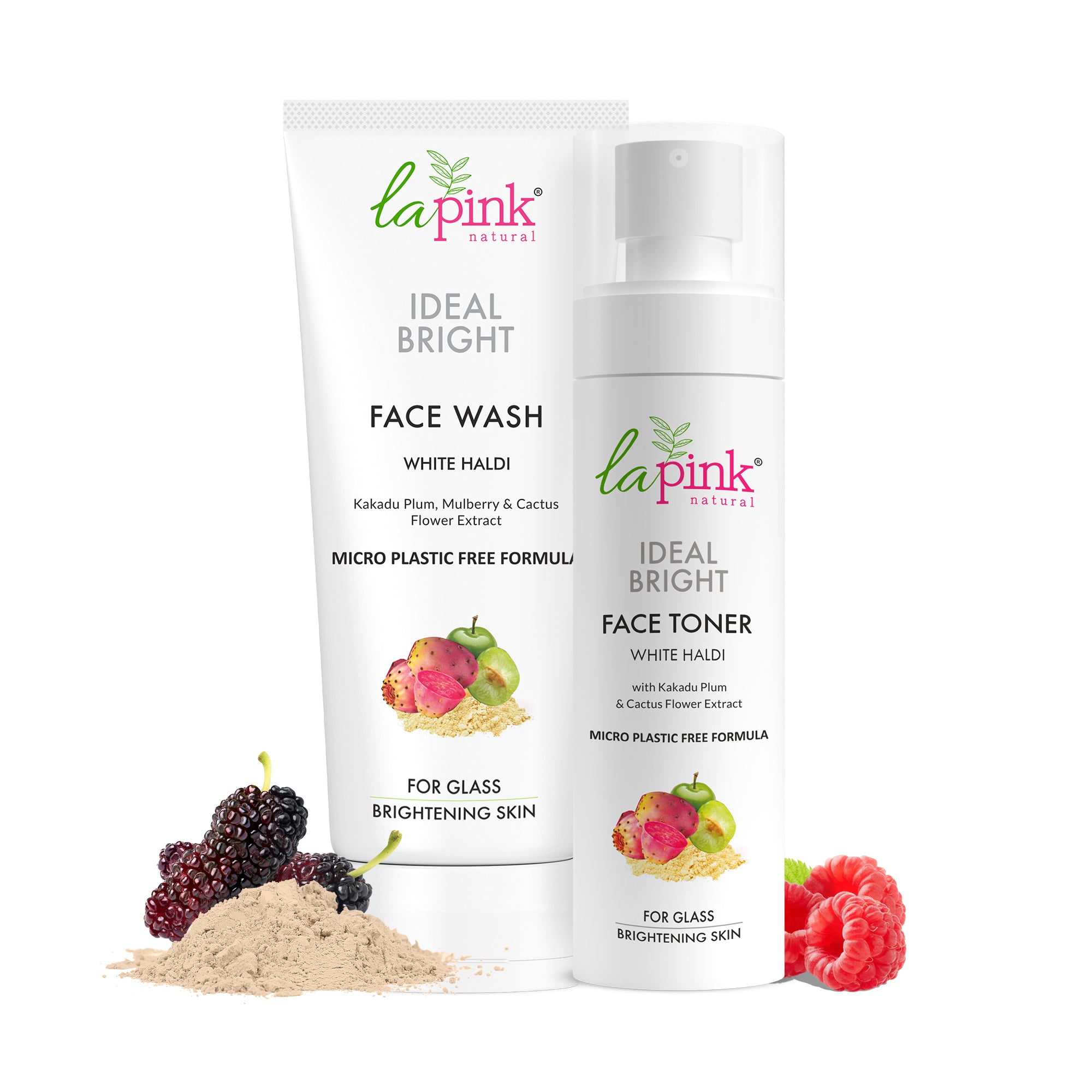 Image depicting two skin care products from La Pink, a face wash and a face toner, with ingredients like kakadu plum, mulberry, cactus flower extract, and white haldi. The products are presented alongside their respective benefits, such as being microplastic-free and suitable for glass brightening.