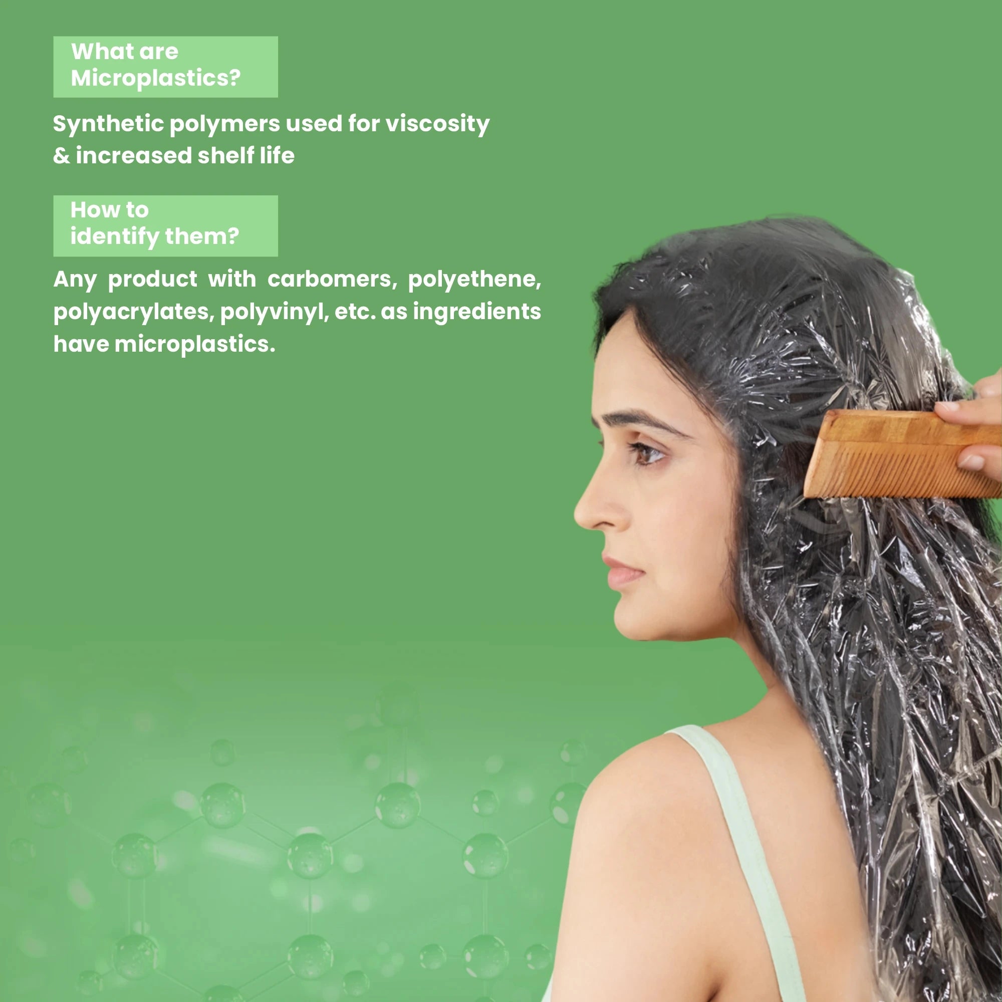 Woman with plastic wrap on head against a green background with text about microplastics.