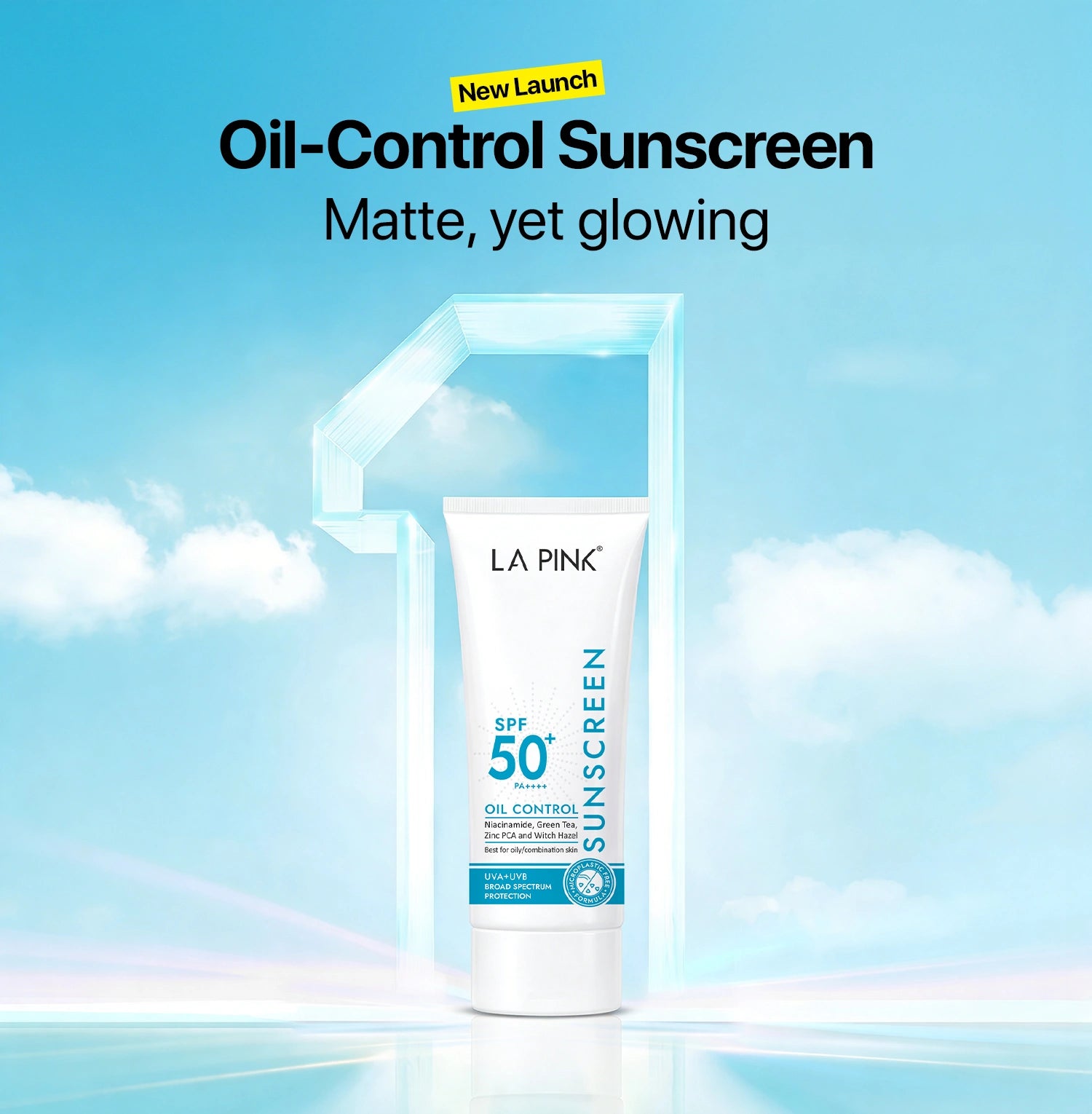 LA Pink oil-control sunscreen tube with blue sky background