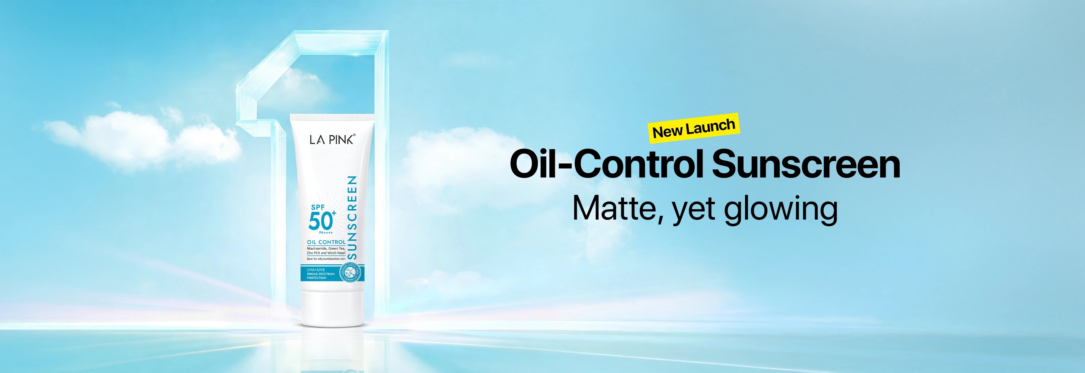 LA PRAI oil-control sunscreen bottle on a blue background with text about oil control and matte finish.