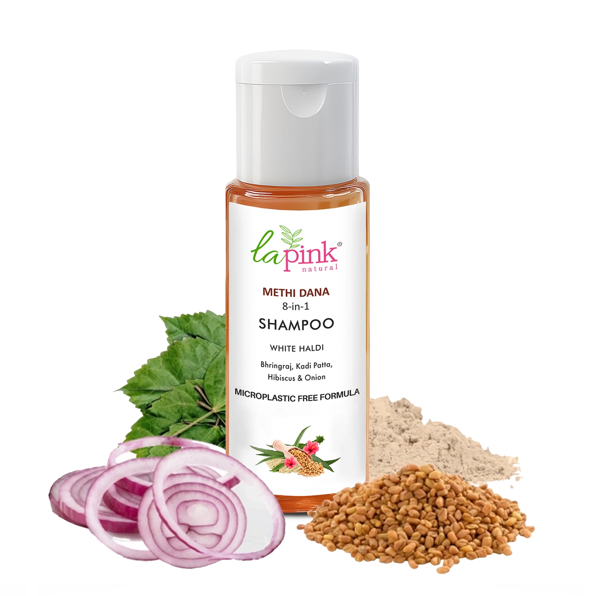 Shampoo bottle with ingredients on a white background
