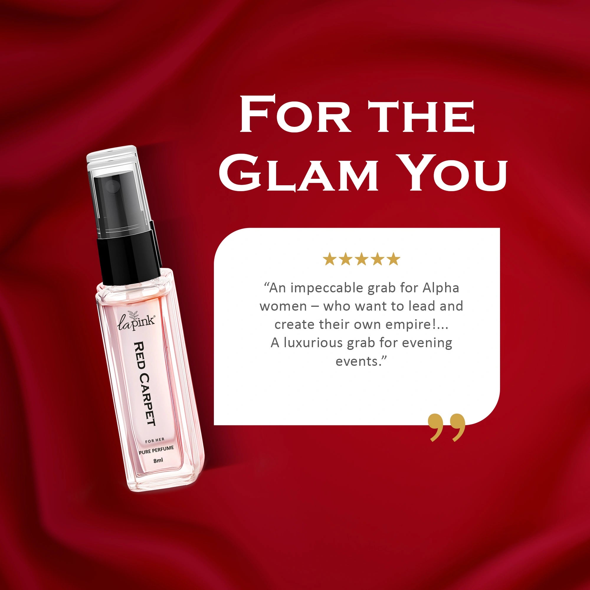 Perfume bottle on a red background with text about &
