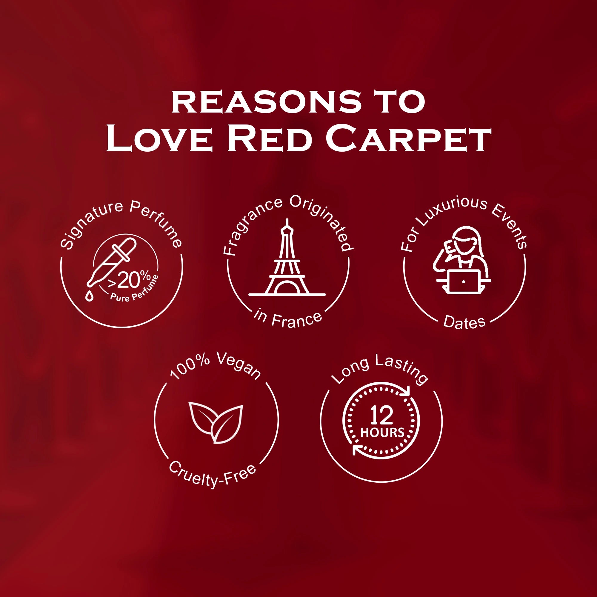 Red carpet-themed product with icons and text on a red background