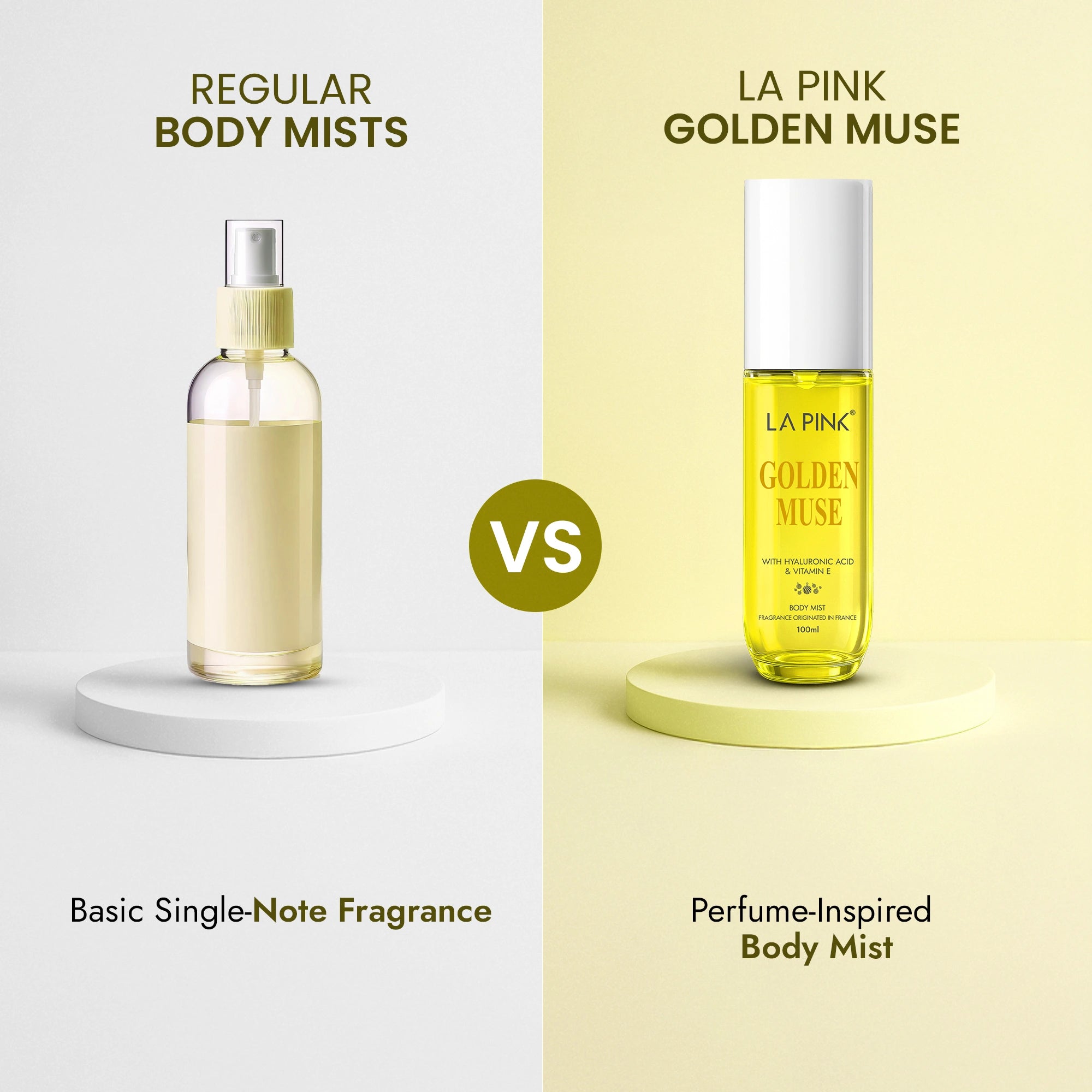 Comparison between a regular body mist and La Pink Golden Muse perfume-inspired body mist on a light gray and beige background.