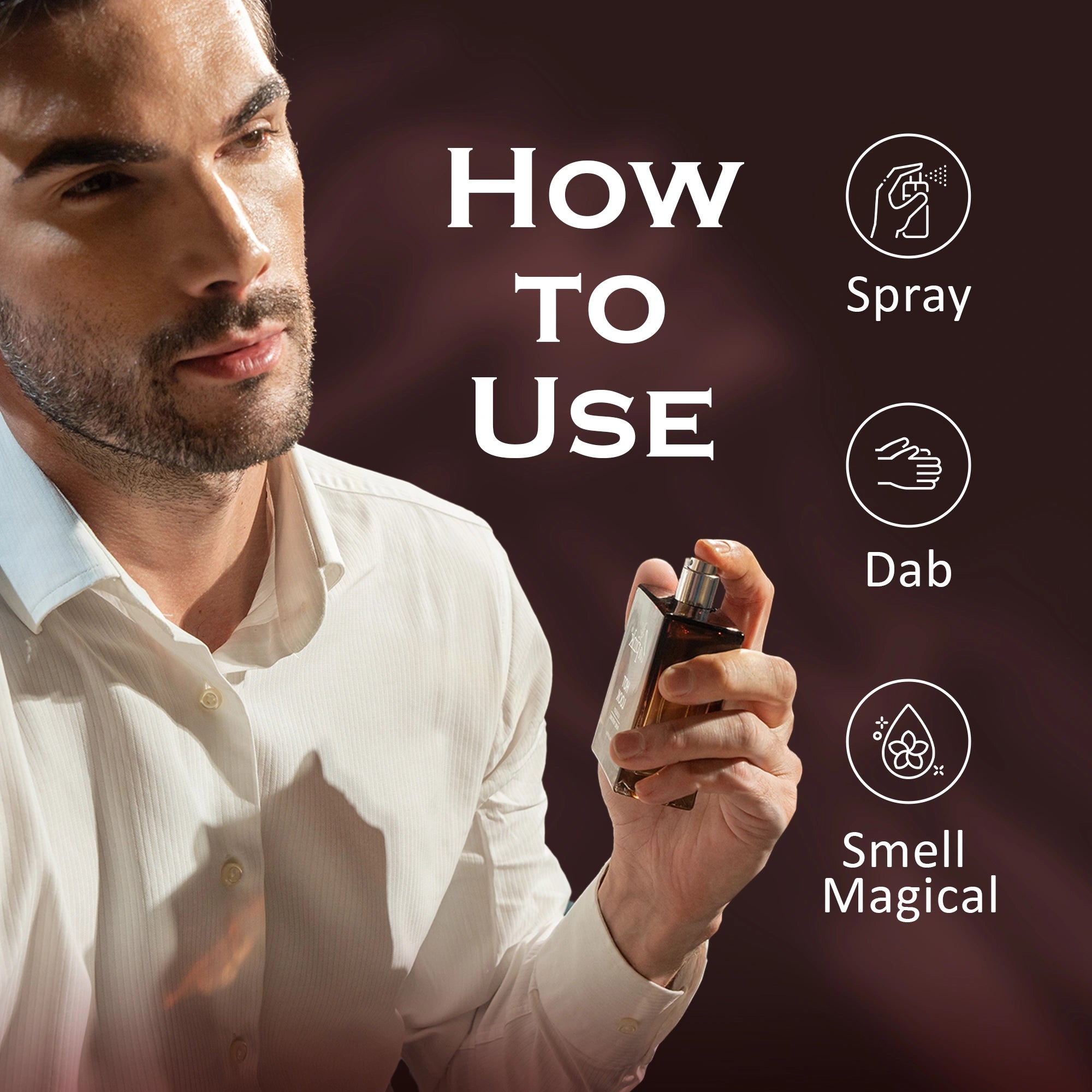 Man holding a perfume bottle with instructions on how to use it.