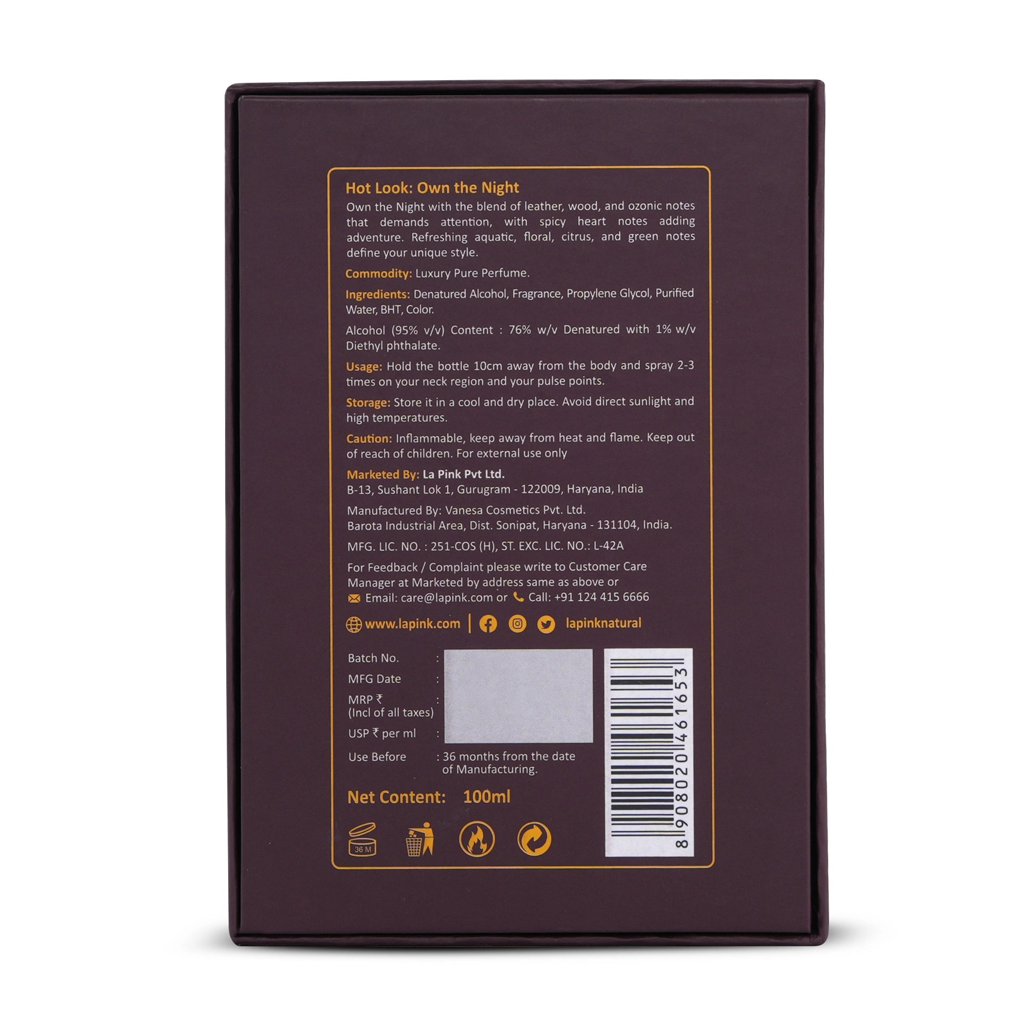 Back label of a perfume bottle with text and branding on a white background