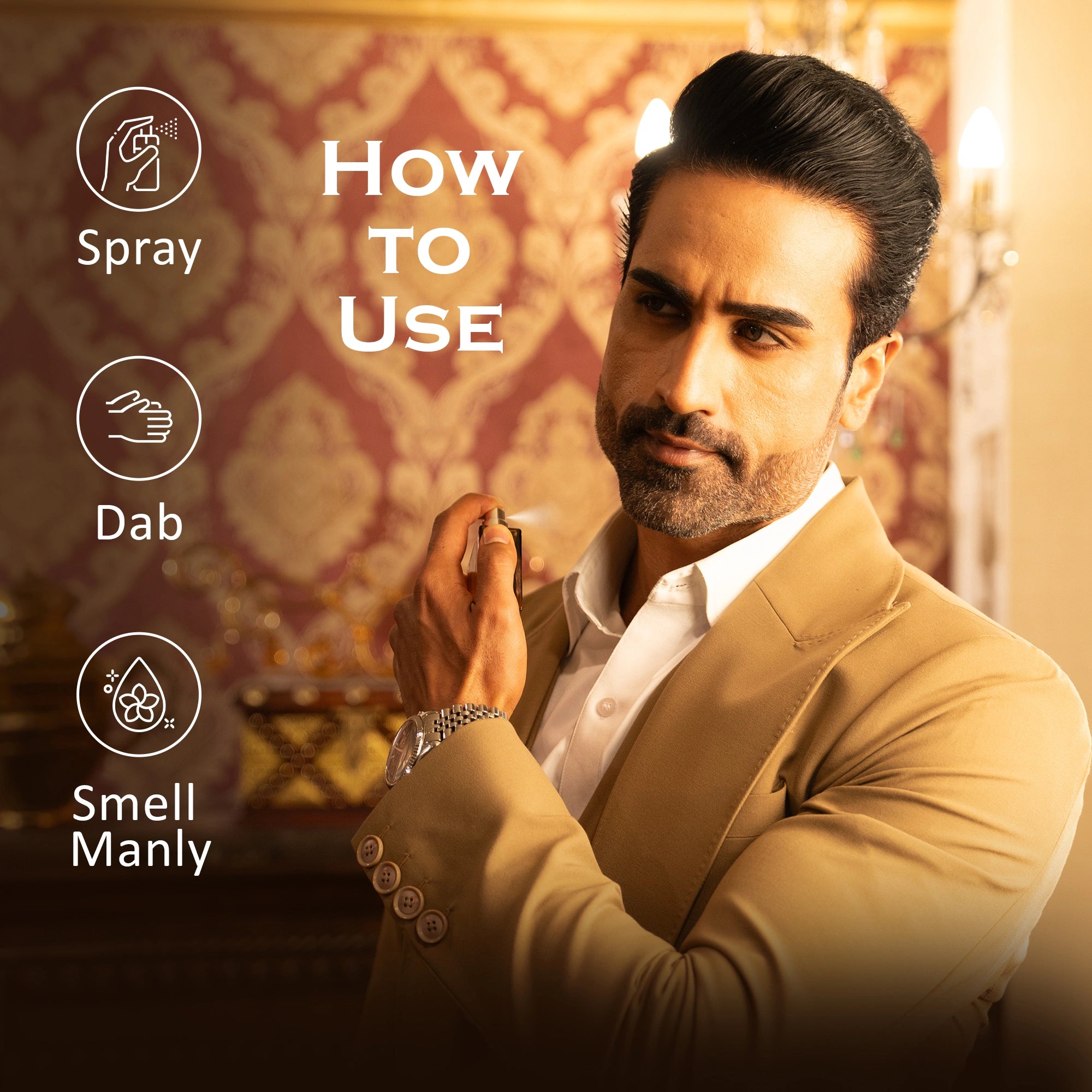 Man applying cologne with text on how to use it