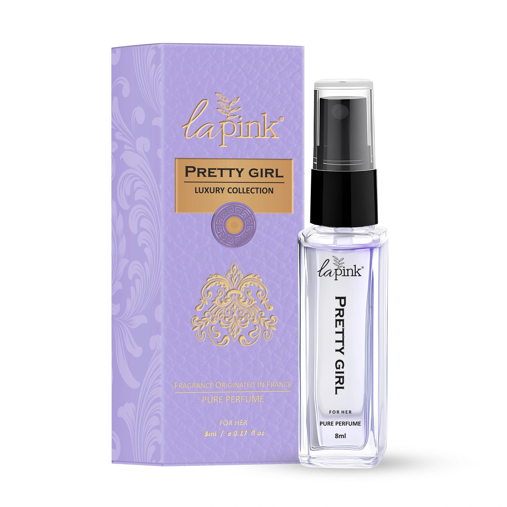 La Pink Pretty Girl perfume bottle and packaging on a white background